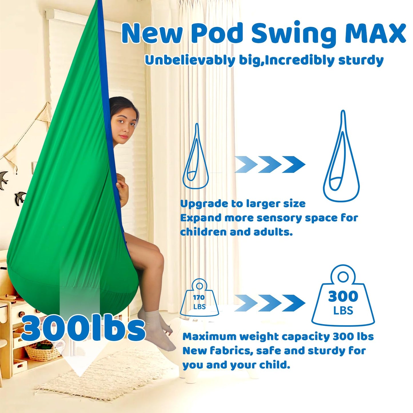 HiCamer Sensory Swing for Kids Indoor and Outdoor Pod hammock Chair Seat Upgrade Max 300 lbs Hanging Swing with Inflatable Cushion Includes Hardware Hanger Kit for Aspergers Autism ADHD (Green)
