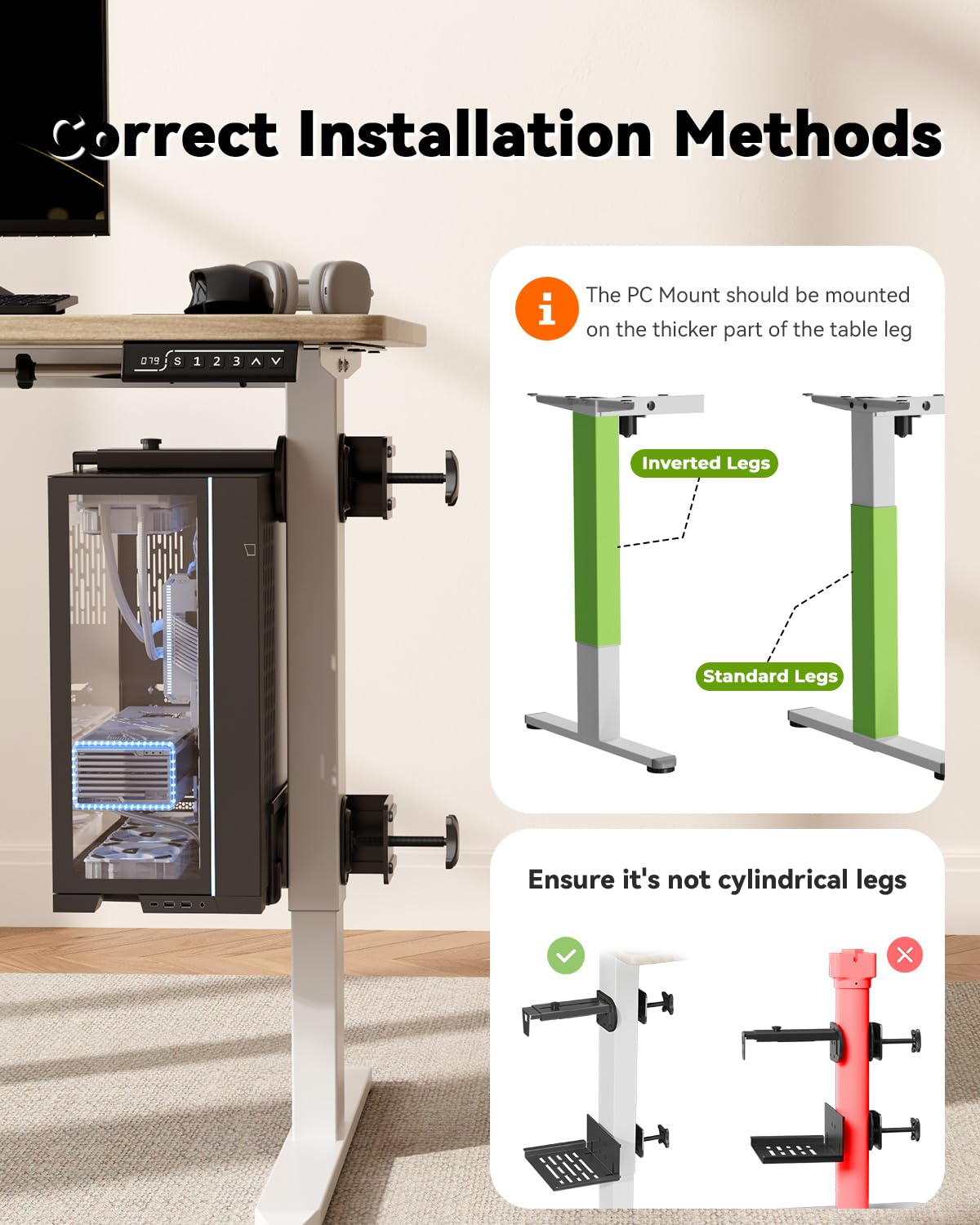 JOY worker Under Desk PC Mount for Standing Desk, Clamp-On Desk Leg Computer Mount, No Drilling, Adjustable Computer Case CPU Holder Holds Up to 44lbs, Black PC Tower Mount