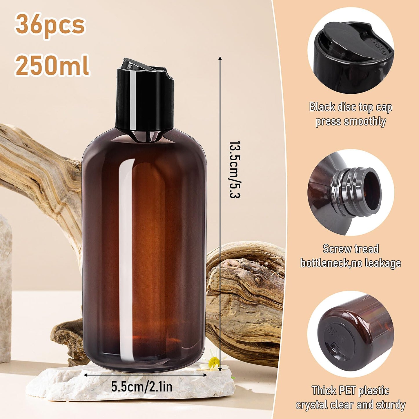 36 Pack Amber Plastic Travel Bottles, 8.5oz Reusable Cosmetic Squeeze Containers with Disc Top Flip Cap, Refillable Empty Containers for Shampoo Conditioner Toiletries Liquid Soap (250ml)