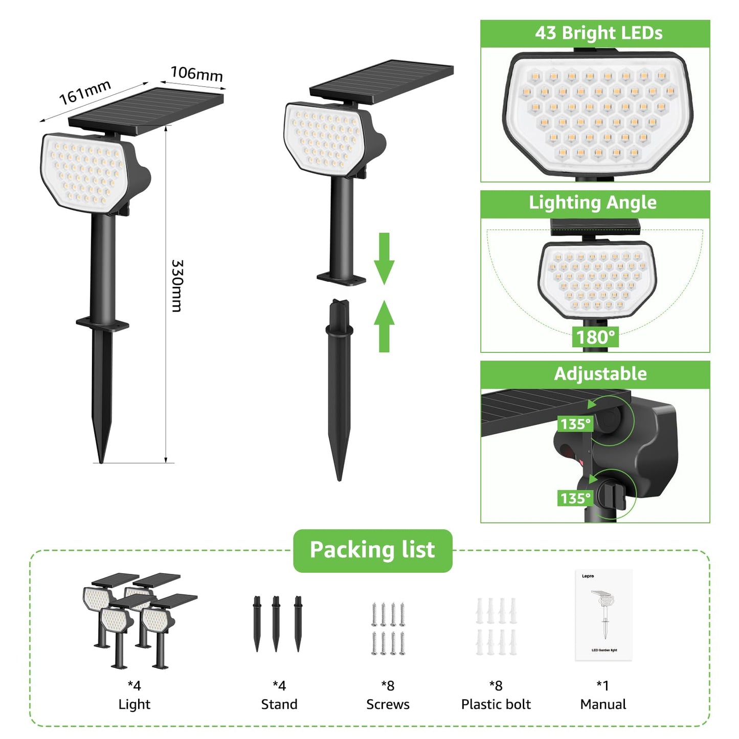 Lepro Solar Spotlights Outdoor 4-Pack, 43 LEDs Outdoor Solar Lights 3000K Warm White, IP65 Waterproof, Dusk-to-Dawn, Auto On/Off Solar Garden Lights, for Outside Yard Porch Pathway Driveway