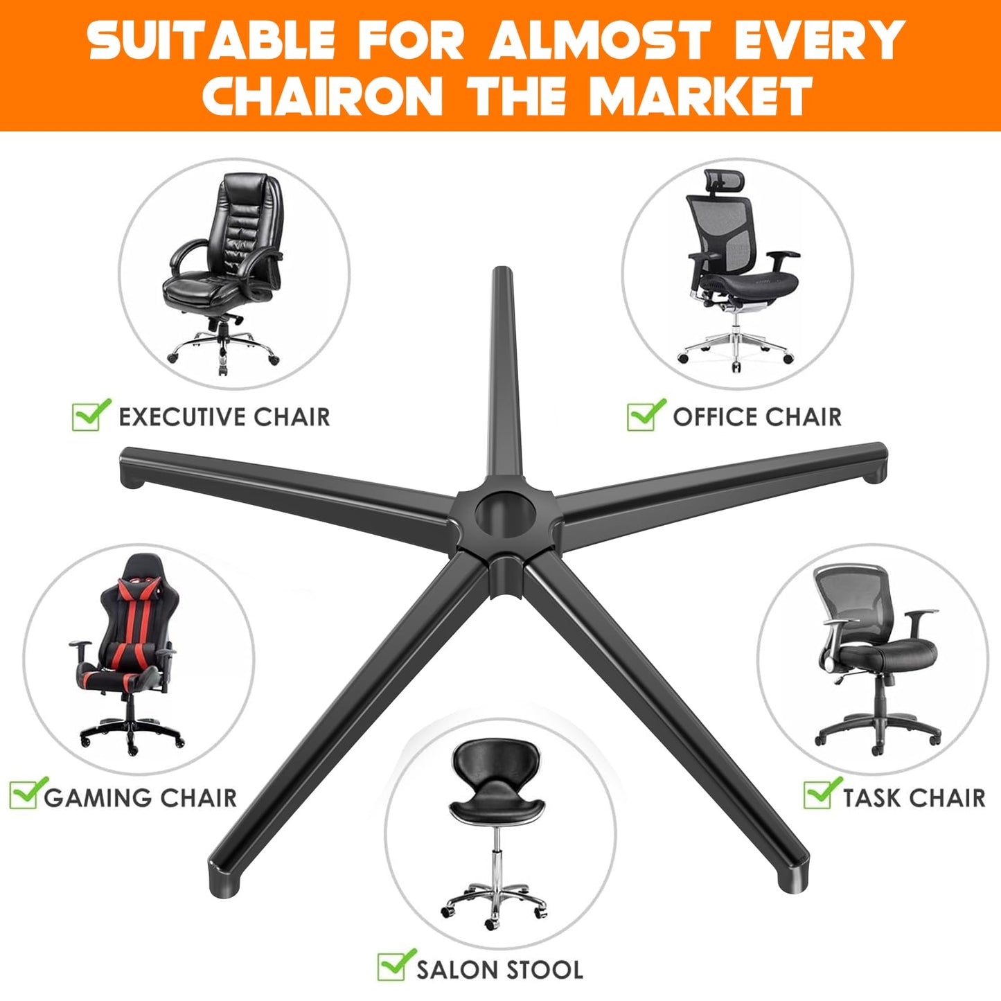 Office Chair Base Replacement Parts with Brakes(3300 lbs) - Heavy Alloy Office Chair Base Replacement, Office Chair Reinforced Metal Legs, Universal Gas Cylinder (Black Base)