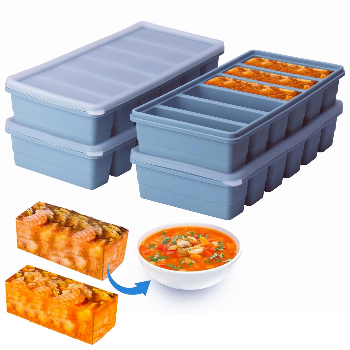 1/2 Cup Silicone Freezer Tray With Lid - Silicone Freezer Molds 4-Pack For meal prep & freezing of various sauces and other dishes, makes 24 perfect 1/2 cup portions cubes (Blue 4 Pack)