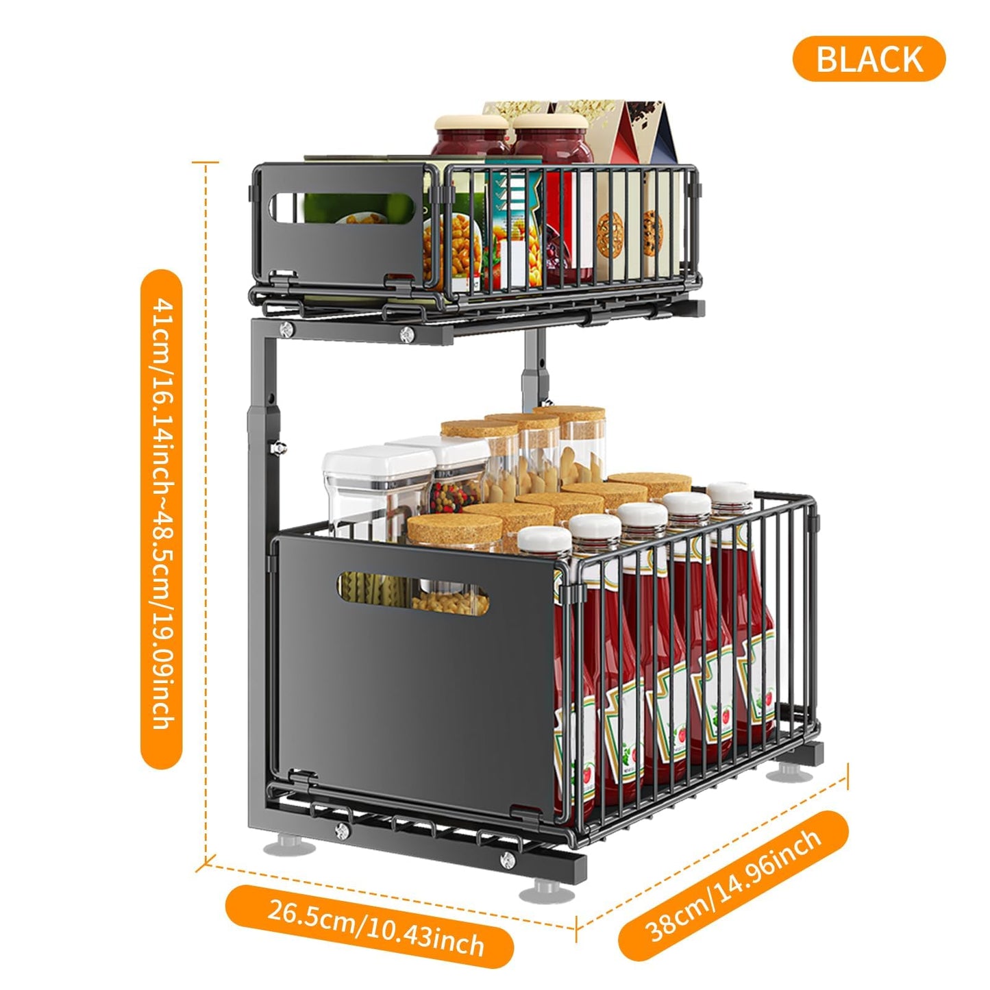 Under Sink Organizers and Storage,GAOKASE Black Metal 2 Tier Pull Out Drawers Under the Sink Organizers for Kitchen Slide Out Sliding Under Cabinet Storage Multi-Use for Bathroom Organizer