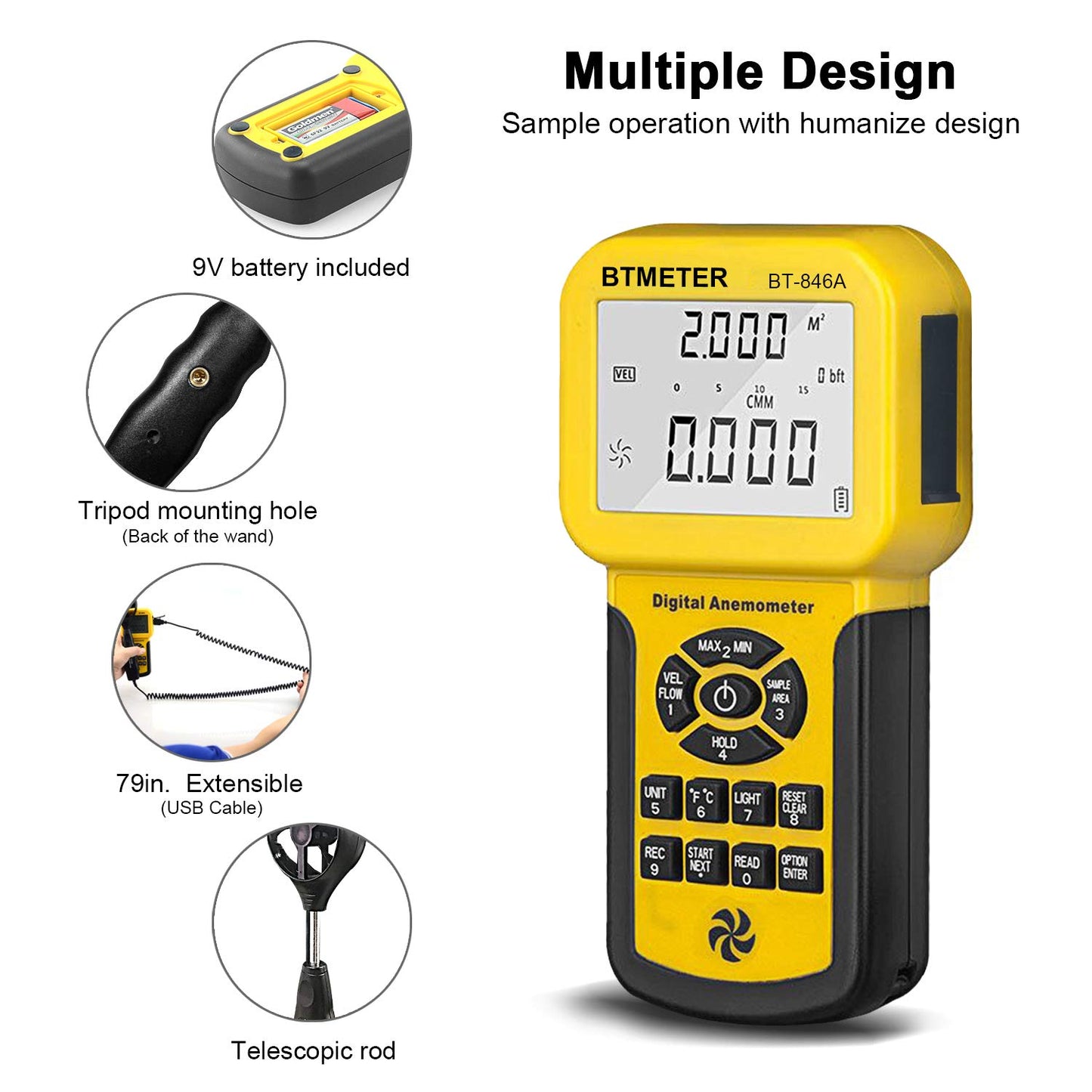 BTMETER BT-846A Pro HVAC CFM Anemometer Measures Wind Speed Wind Temperature Airflow Velocity Meter with Backlight Display, Suitcase Included