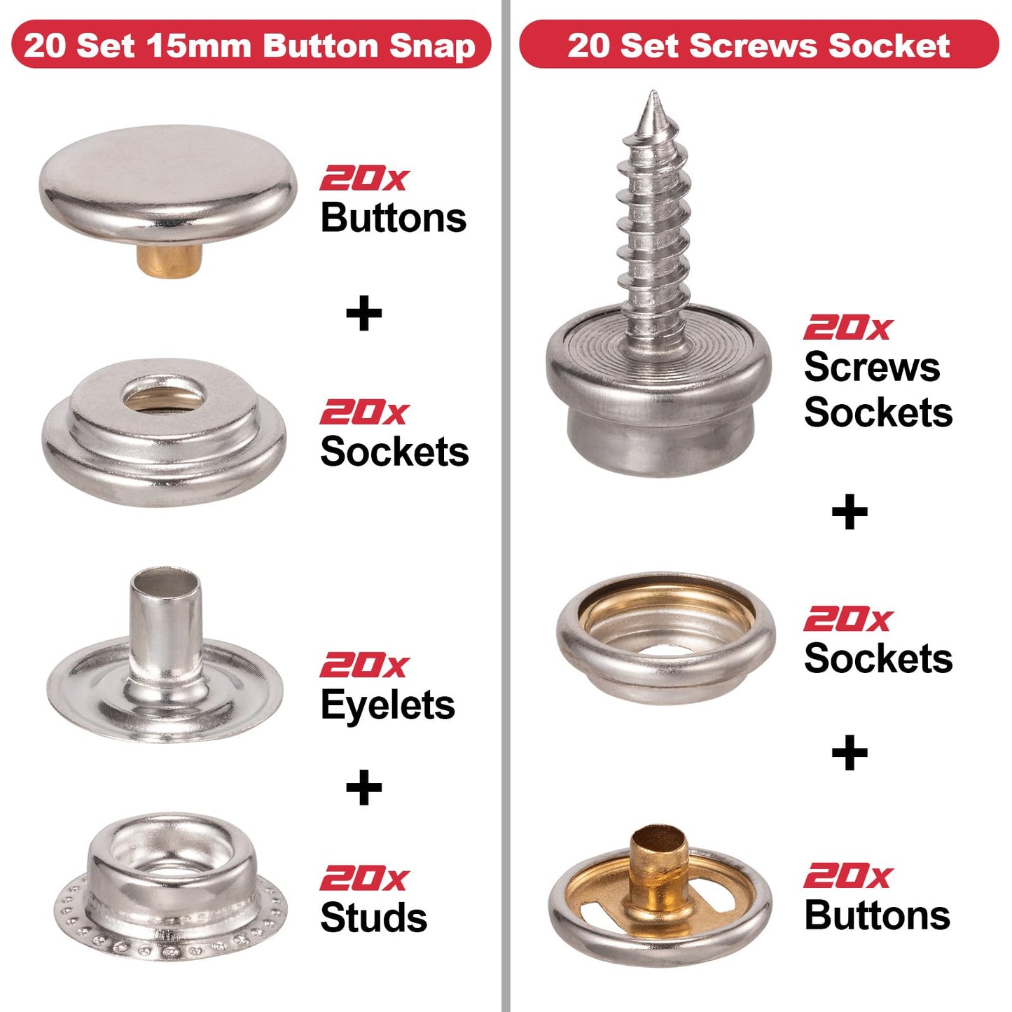 Spurtar Heavy Duty Snap Button Kit Adjustable Snaps and Fasteners Kit with 3 Dies and 40 Sets 15mm Buttons for Boat Cover Leather Fabric Cloths Denim Canvas Tarp Crafts DIY Buckle Repair and Installation