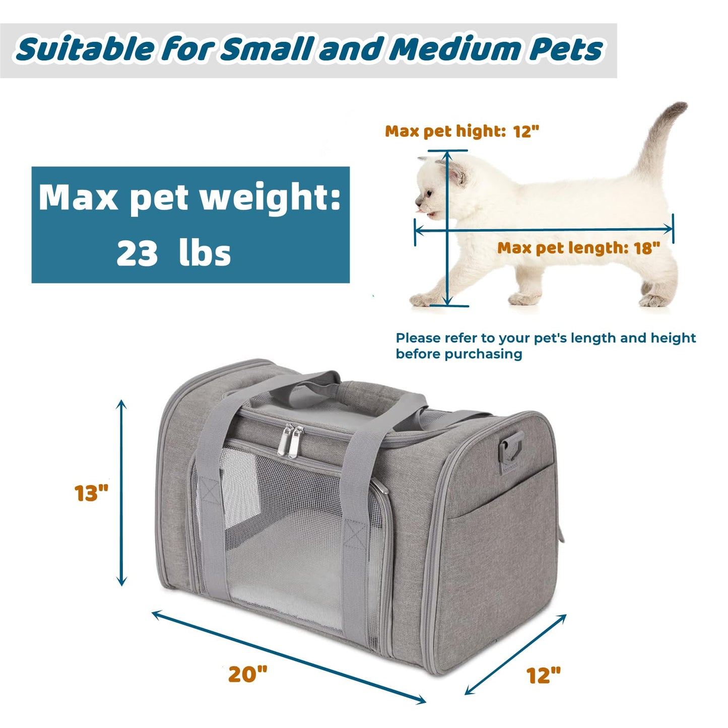 ORYEDA Cat Carrier Bag, Dog Travel Carriers, Soft-Sided Pet Carrier for Small Medium Large Cats and Small Dogs, Portable Carrier with 4 Open Doors and 3 Mesh Windows, Grey, Large