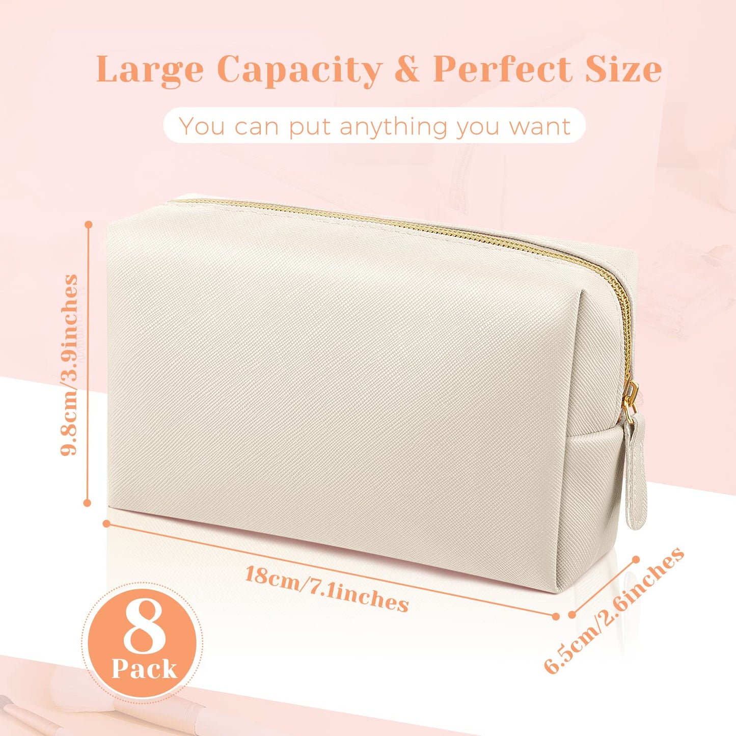 8 Pcs Makeup Bag Pu Leather Cosmetic Pouch Waterproof Small Toiletry Bag Portable Cosmetic Organizer Water Resistant Storage Purse for Lady Women Daily Storage Travel Organizer (Beige,Medium)