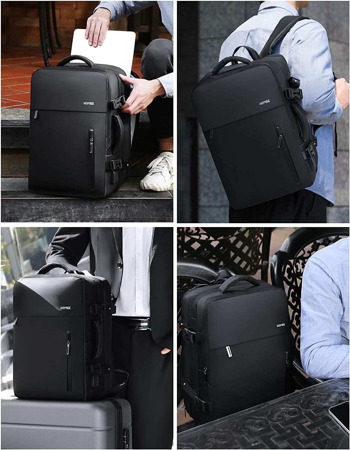 HOMIEE Travel Backpack 40L Expandable Carry on Flight Approved Cabin Bag Business Laptop Backpack Fits 15.6" Waterproof Weekender Backpack with USB Port & Wet Pocket for Men Women Black