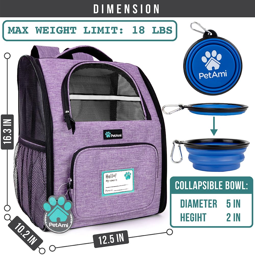 PetAmi Dog Backpack Carrier for Small Large Cat, Puppy - Ventilated Hiking Travel Bag, Airline Approved, Camping Biking Up to 18lbs - Purple