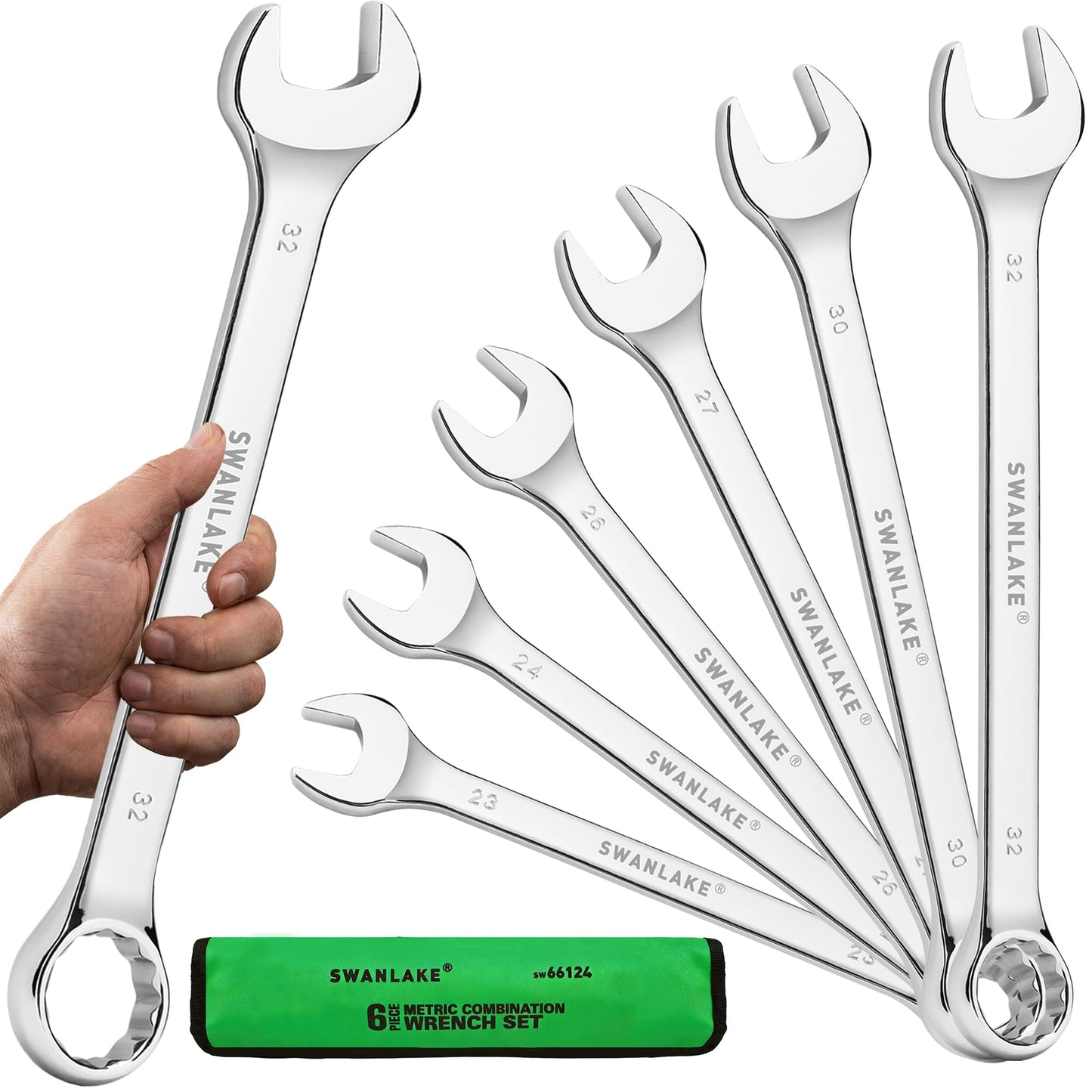 6-Piece All-Purpose Combination Wrench Set, Metric & Standard 23mm to 32mm, Heat Treated CR-V, 12-Point Box End Big Wrench Set, Master Long Mechanic Tool Set with Rolling Pouch