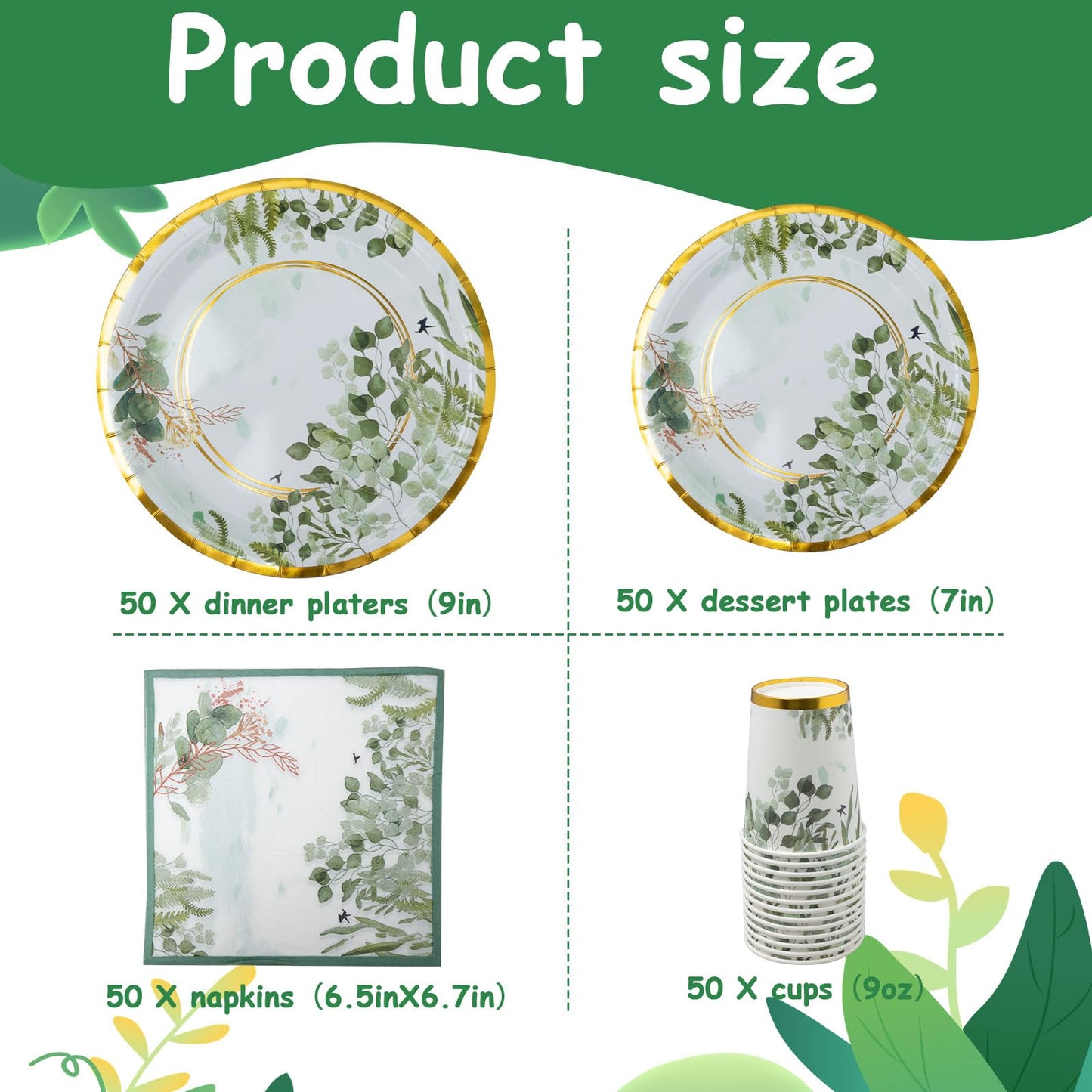 200 Pack Sage Green Plates and Napkins Party Supplies, Disposable Tableware Set, Eucalyptus Plates, Cups, Napkins for Wedding Bridal Baby Shower Birthday Party