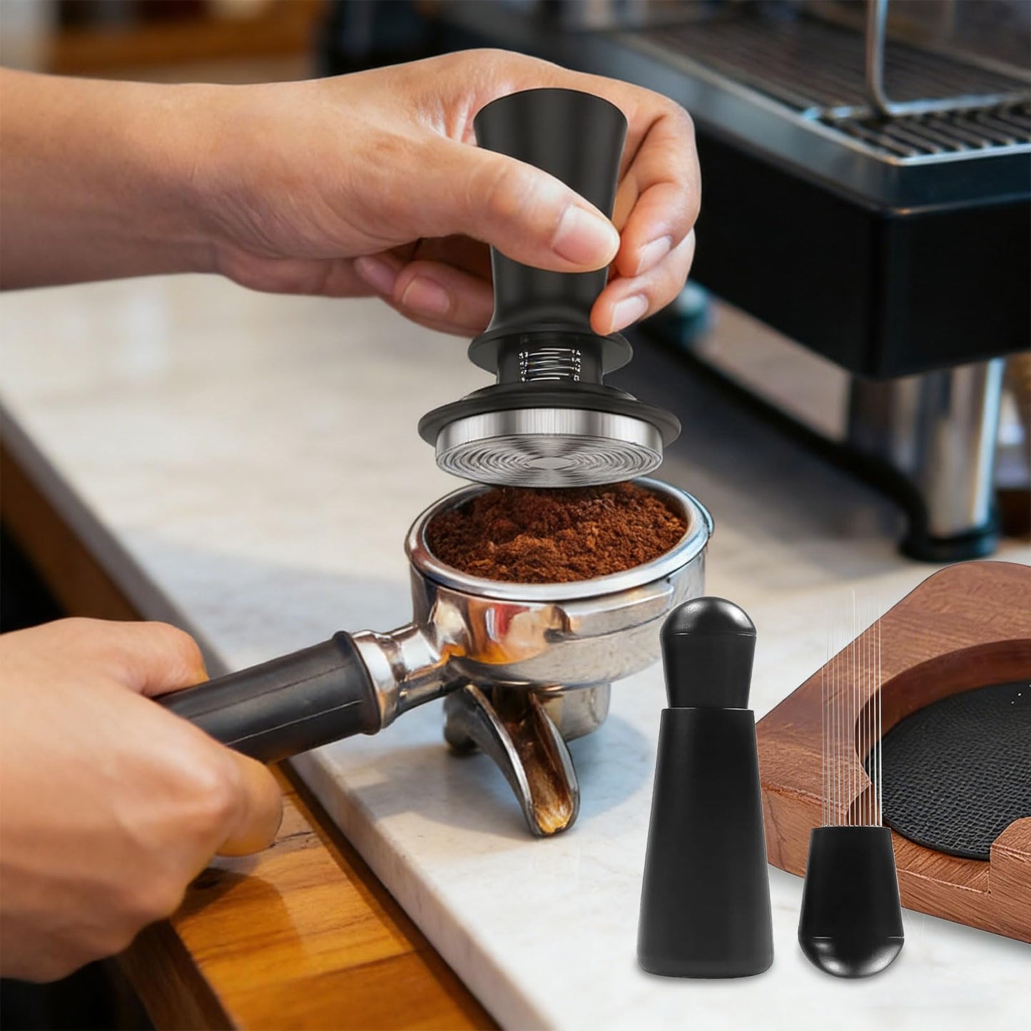 Espresso Accessories 7-Pcs Set, 54mm Espresso Tamper,wdt Tool,(Coffee Tamper with Wooden Espresso Tamper Base, Portafilter, Stirrer, Measuring Funnel, Brush, Ice Cube Strainer)
