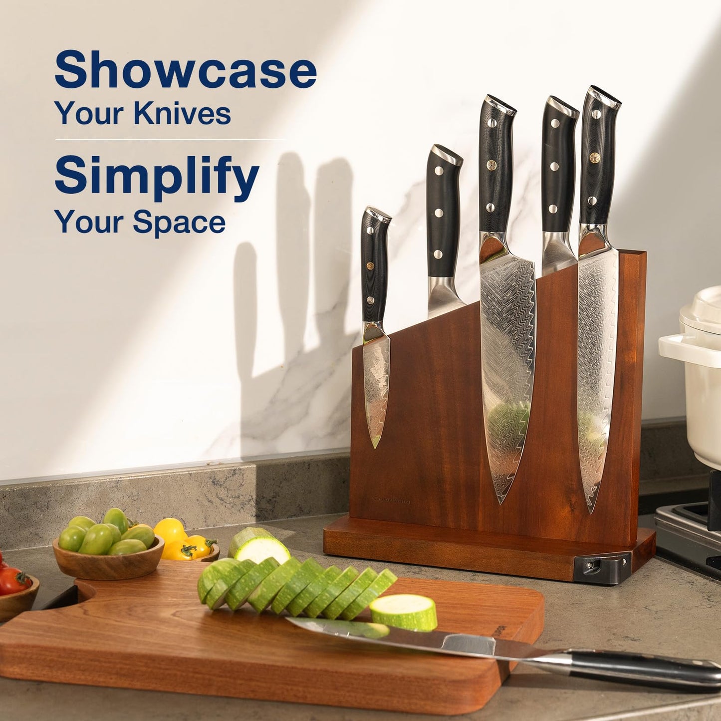 Gourmetop Magnetic Knife Block, Magnetic Knife Holder with Built-in Sharpener, 100% Acacia Wood Magnetic Knife Block Without Knives, Double-Sided Magnetic Knife Holder for Countertop, Dark Wood