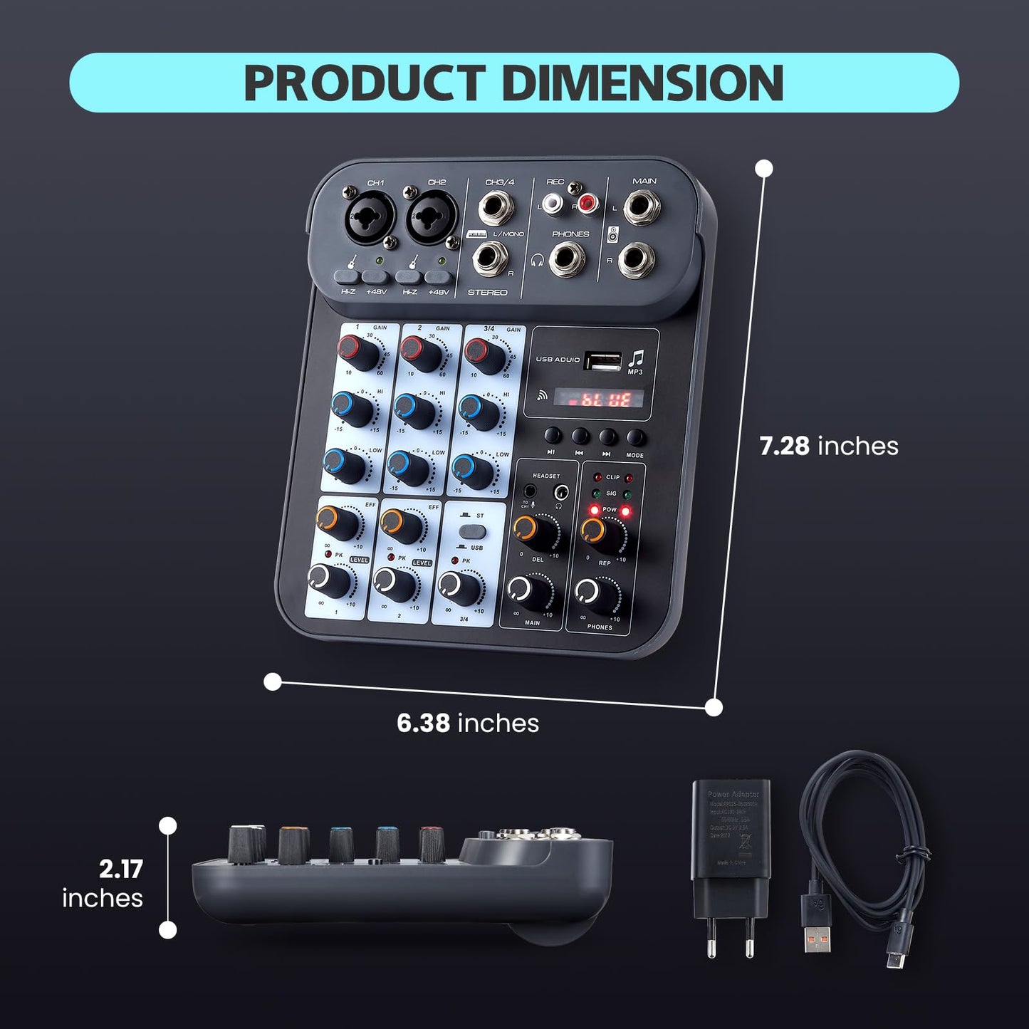 4 Channel DJ Audio Mixer, DJ Mixers Sound Board, Sound Mixer Board XLR 1/4" Interface, BT USB MP3 Computer Input 48V Phantom Power Stereo Karaoke DJ Studio Streaming KTV Stage
