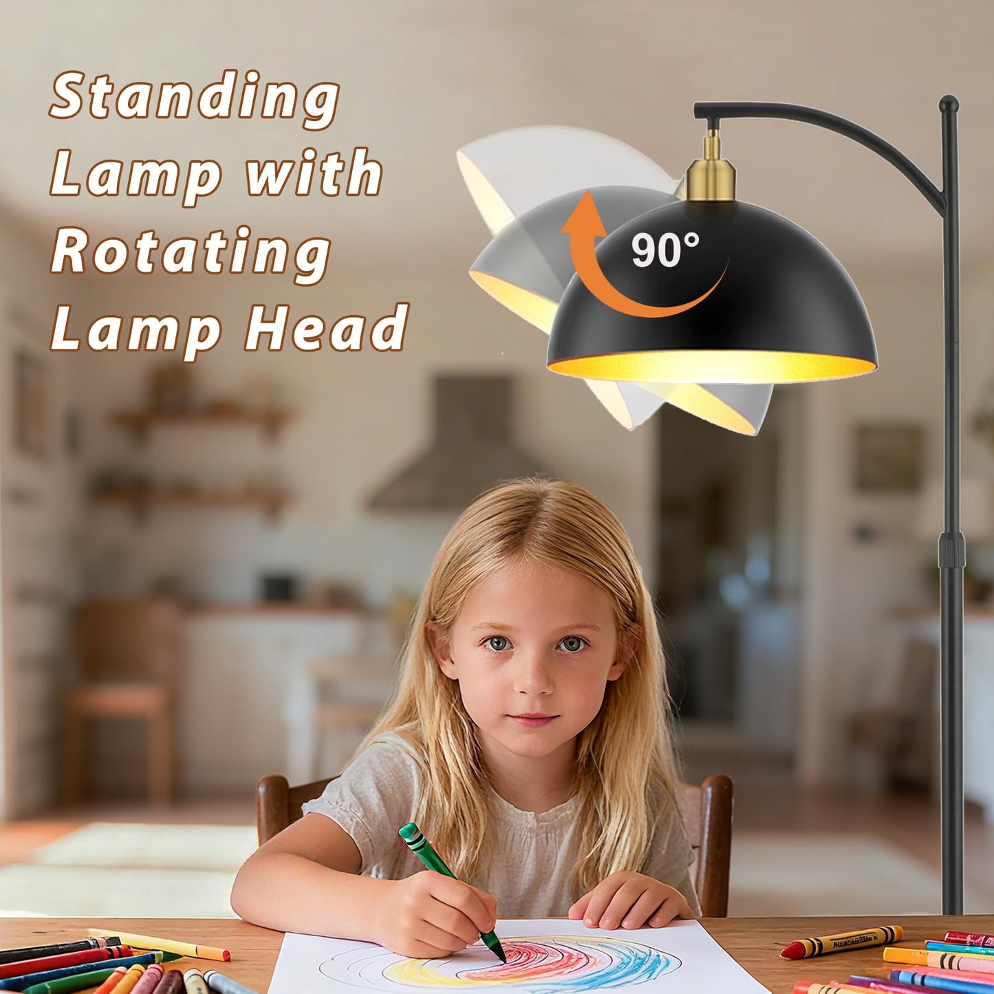 Industrial Dimmable Floor Lamp with Tray, Modern Arc Floor Standing Lamp with Table, Height Adjustable Corner Rustic Reading Lamps with Shelves for Bedroom Living Room Office (Black+Gold)