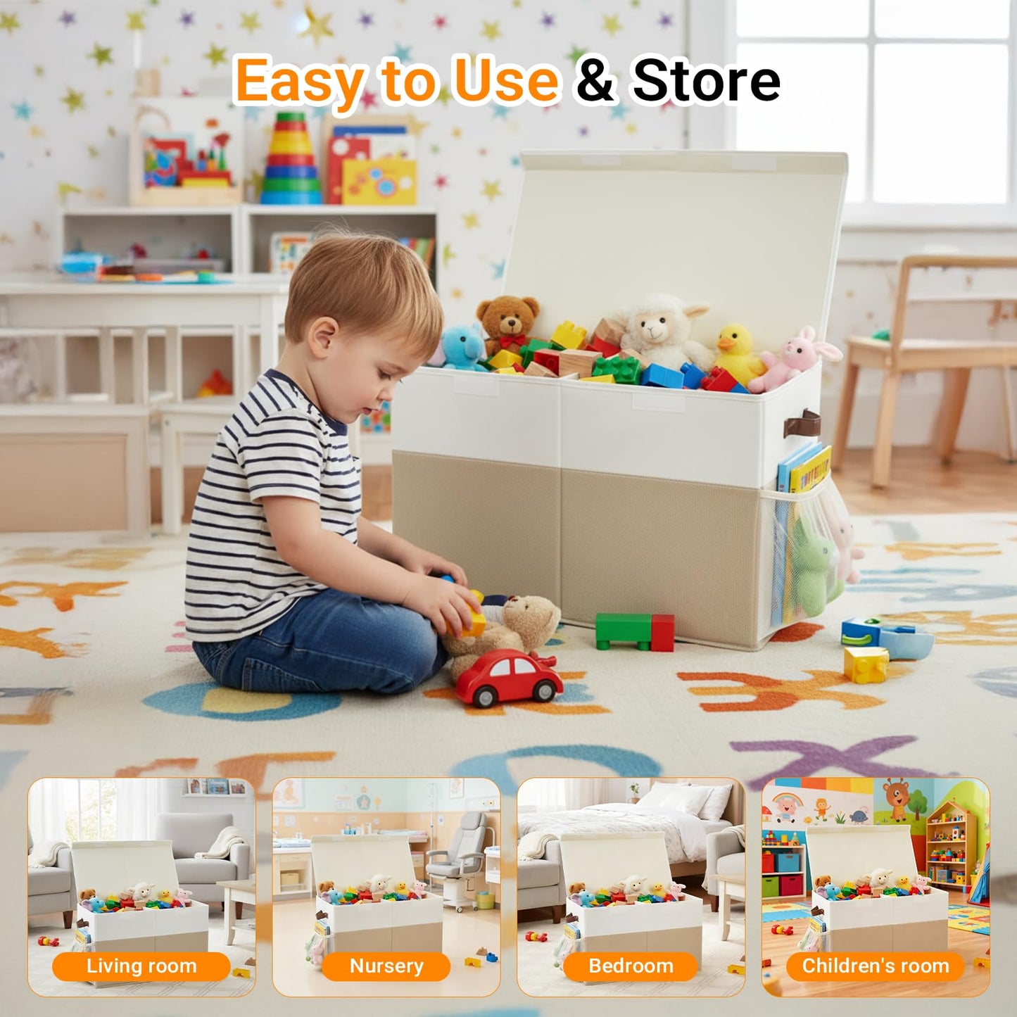 LIWEGHT Large Toy Storage Box with Lid Collapsible Sturdy Baby Toy Storage Rganizer Chest Bins with Divider for Kids,Nursery,Bedroom,Boys, Girls,Playroom,25"x13"x16" (Beige&White)