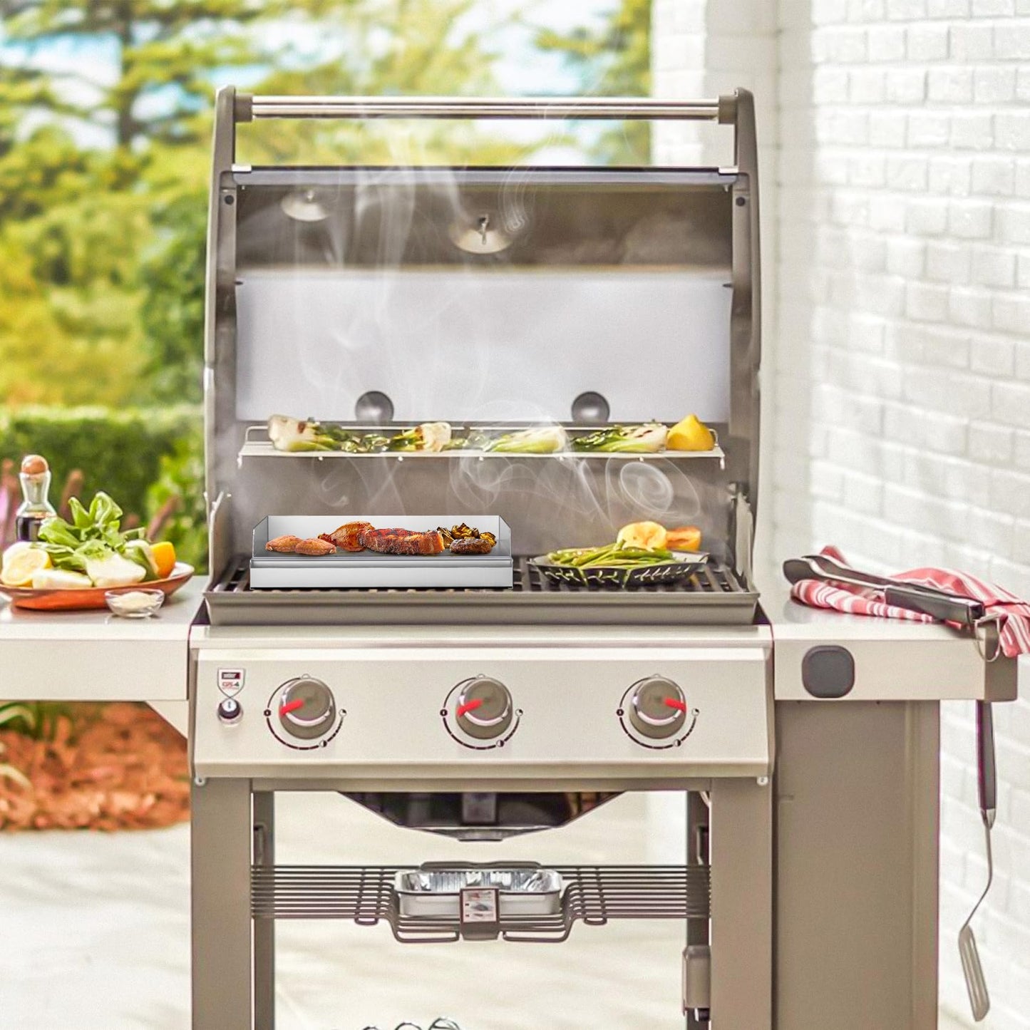 only fire Compact Stainless Steel Grill Griddle for Gas BBQ Grills, 12.5" x 16" Portable Flat Top Griddle with Grease Trough for Camping, Breakfast & Small Family Cooking