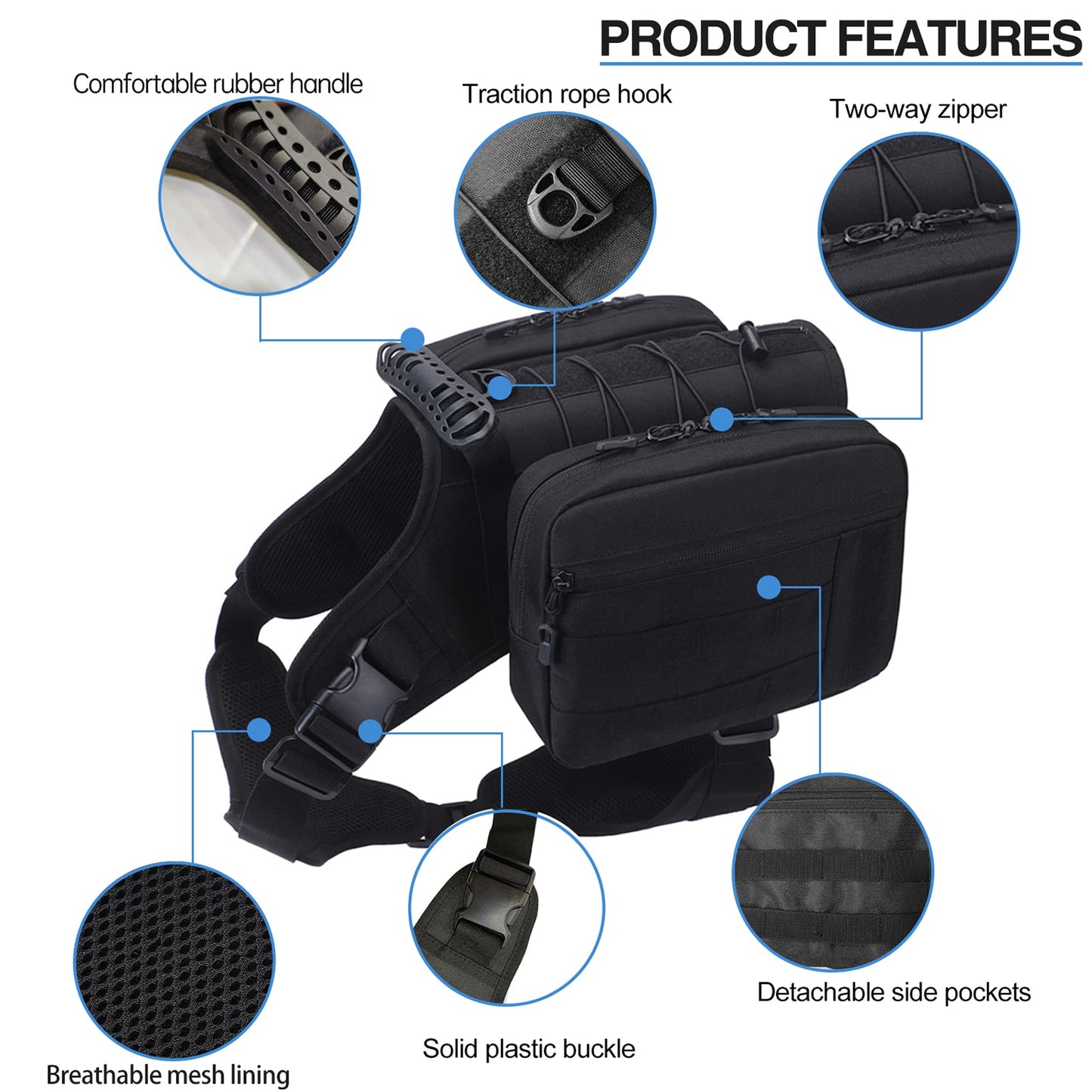 BYGD Dog Pack Hound Dog Saddle Bag Backpack to Wear, Medium & Large Dogs with 2 Big Side Bags for Travel, Camping, Hiking -Black.