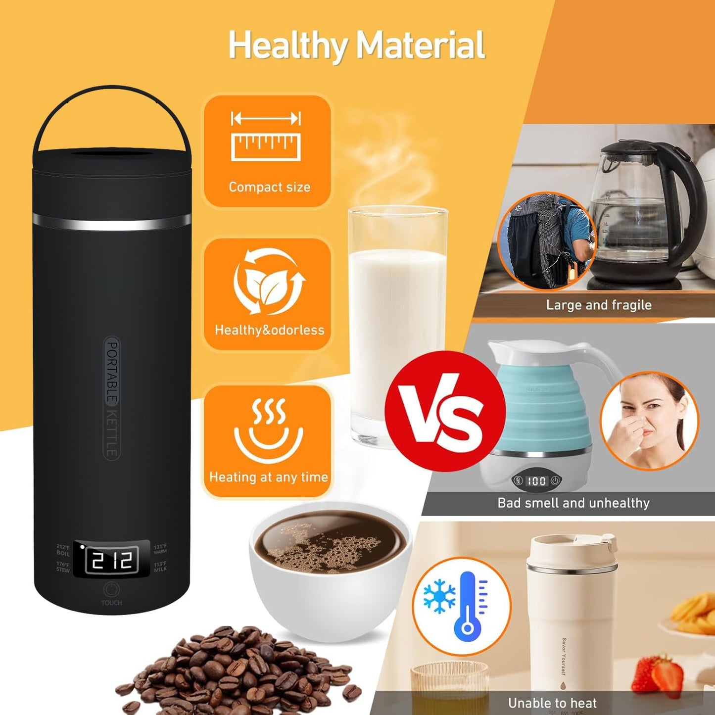 Travel Kettle Portable Electric Tea Coffee Kettle for Hotel,400ml Personal Hot Water Boiler 304 Stainless Steel, Leak-proof, with Cup Brush (Black)