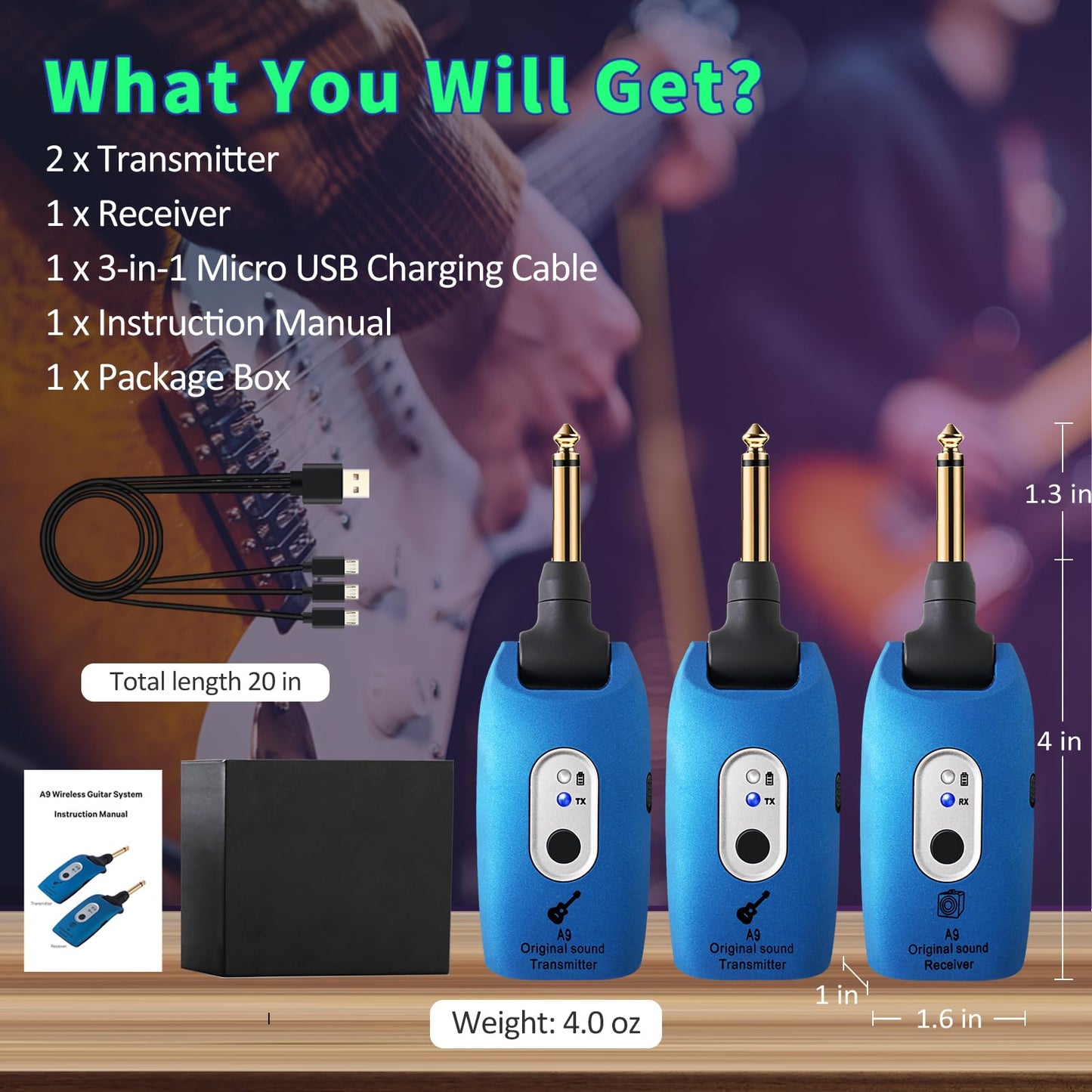 WENTELMUSIC A9 Wireless Guitar System - 2.4GHz, 24-bit 48KHz Audio, 100ft Range, No Latency, 4-Hour Rechargeable Battery, Blue, for Electric Guitar Bass(Blue(2TX+1TX))