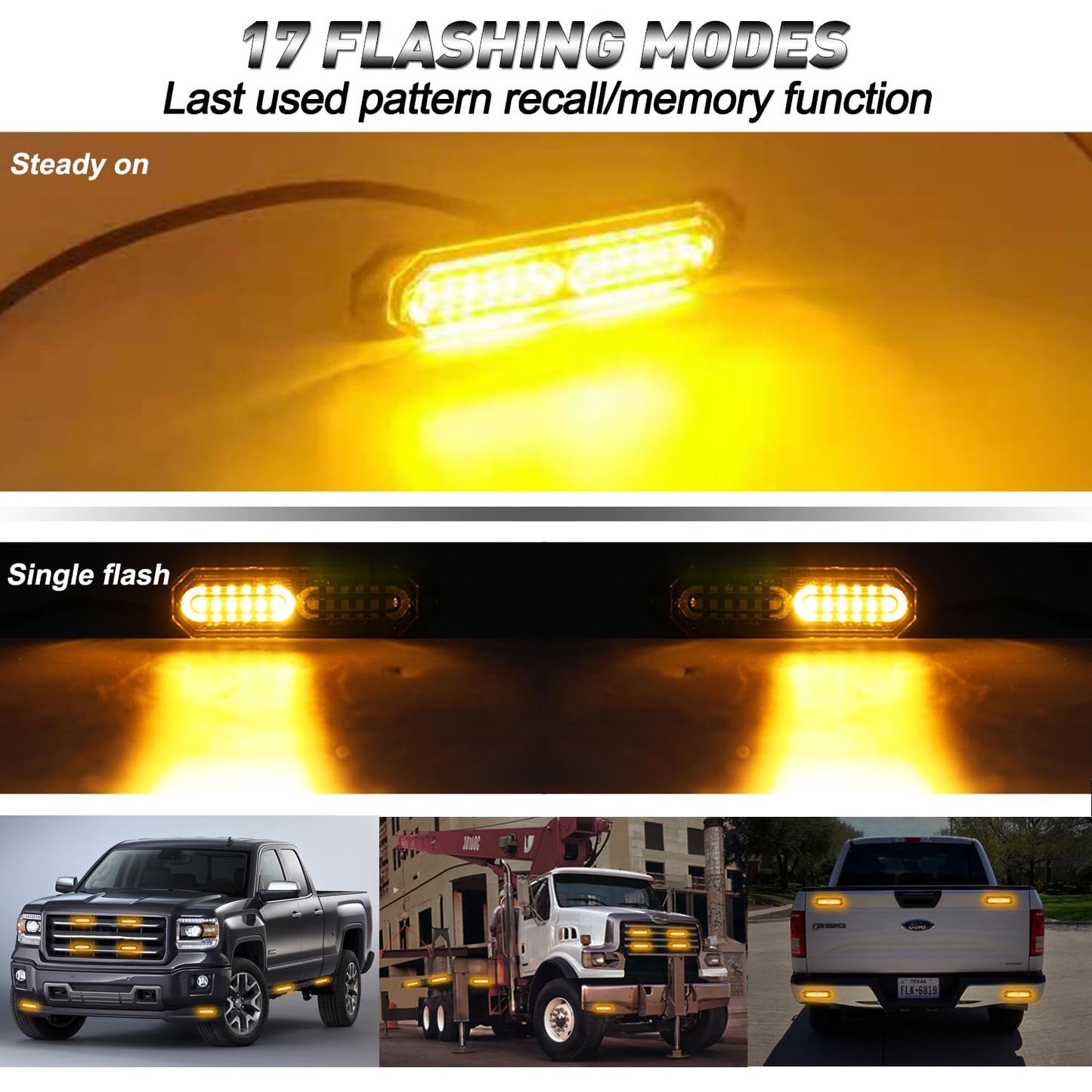 ASPL 8pcs Sync Feature Ultra Slim 12-LED Surface Mount Flashing Strobe Lights for Truck Car Vehicle LED Mini Grille Light Head Emergency Beacon Hazard Warning Lights (Amber)