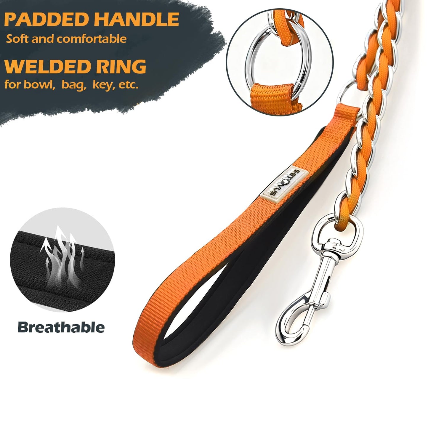 Chew Proof Metal Leash Chain Dog Leash for Medium Large Dogs, Chain Link Dog Leash Anti Chew 5FT Strong Anti Bite Dog Leash Comfortable Soft Padded Handle Orange