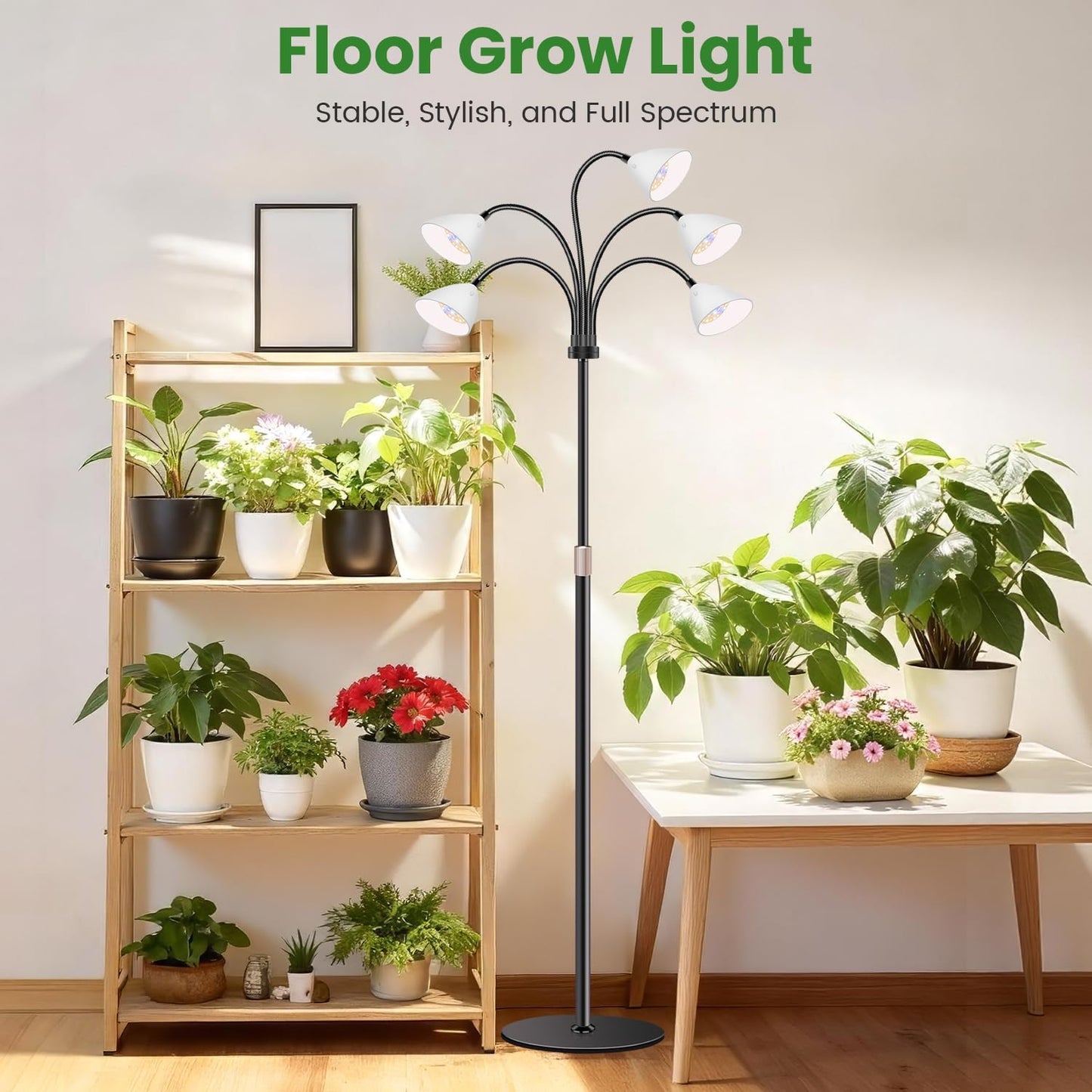 Wolezek Grow Lights for Indoor Plants Full Spectrum with Stand, 5-Head 120 LEDs Floor Plant Grow Lamp for Large Plants, Auto ON/Off Timer 6/12/16H, 5 Dimmable Levels, Adjustable Height 16.5"-61"