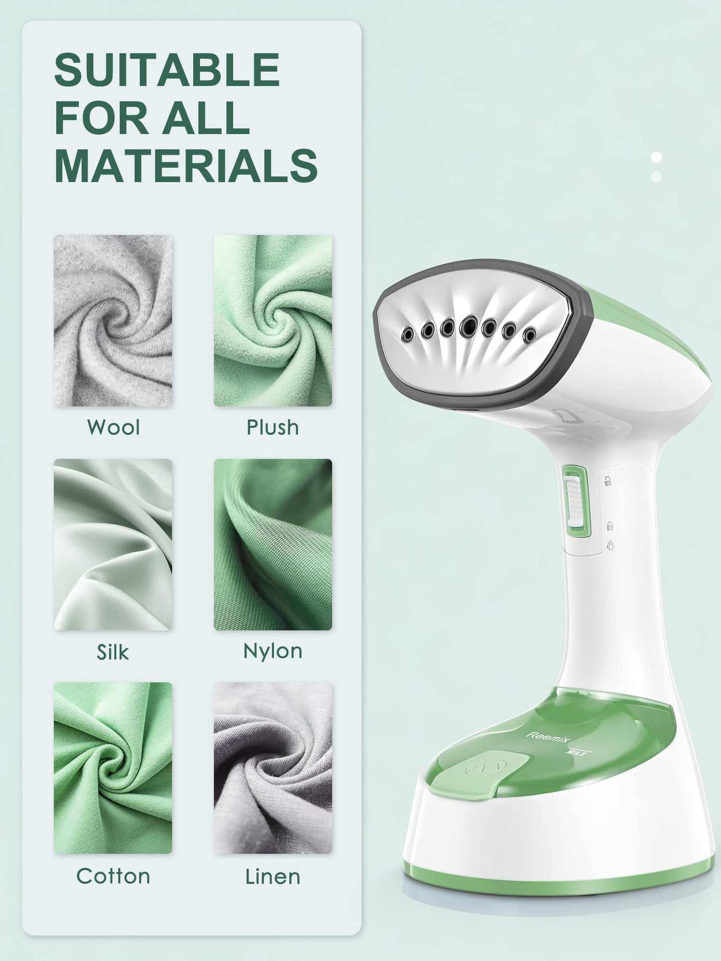 Reemix Steamer for Clothes, Foldable Steam Iron, Handheld Travel Clothes Steamer, 20g/min Strong Penetrating Steam, 25-Sec Fast Heat-up, for Home, Office and Travel (Green)