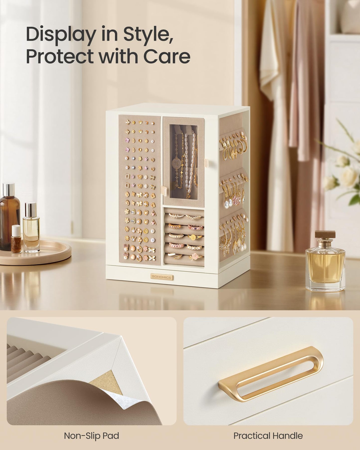 SONGMICS Jewelry Box 360° Rotating, Vertical Jewelry Storage Case with 4 Drawers, for Necklaces, Bracelets, Rings, Earrings, Gift Idea, Cream White UJBC211WD01