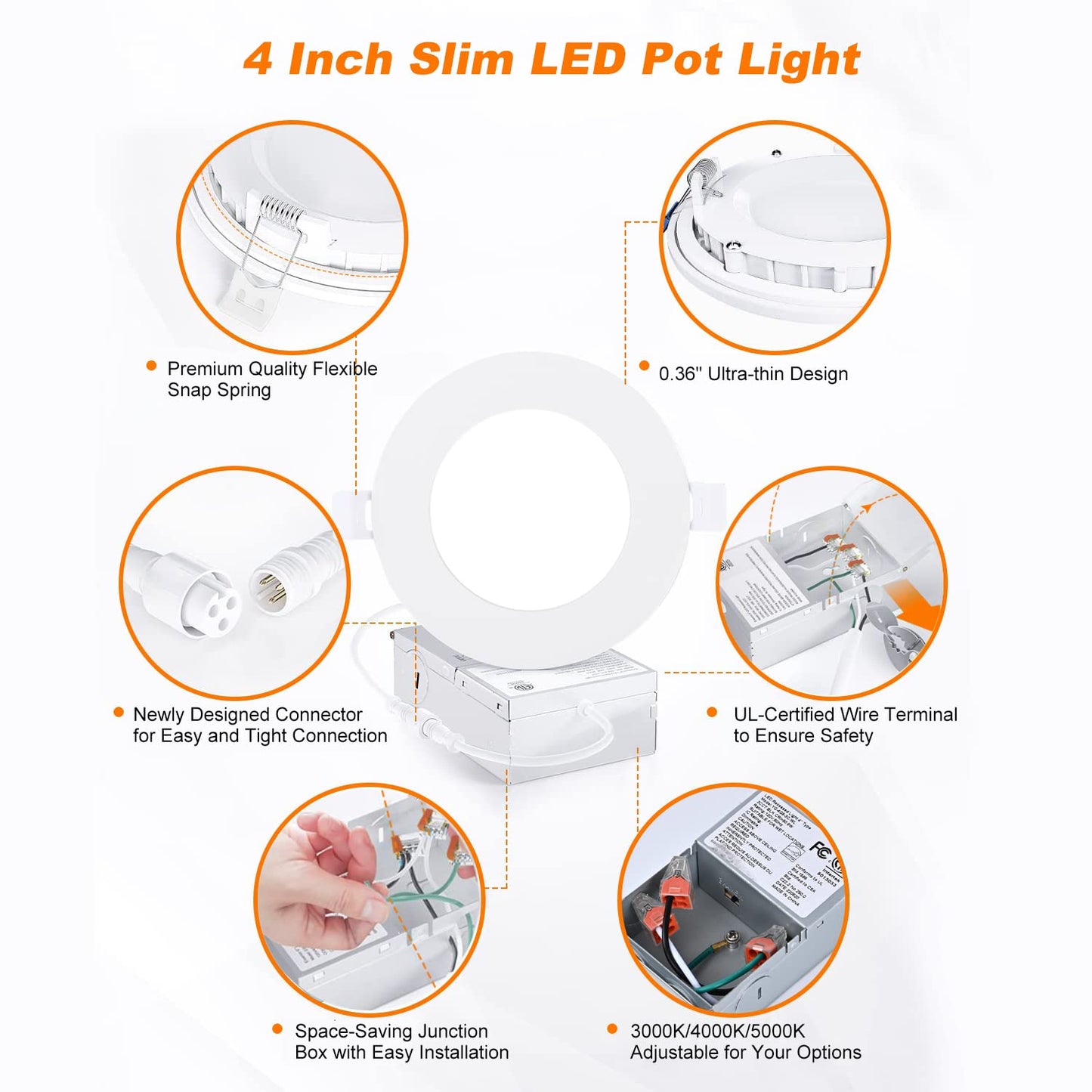 ULCCT Light 3CCT 4 Inch 9W 3000K 4000K 5000K Pot Lights, Dimmable 750LM LED Slim Recessed Lighting, 10 Pack