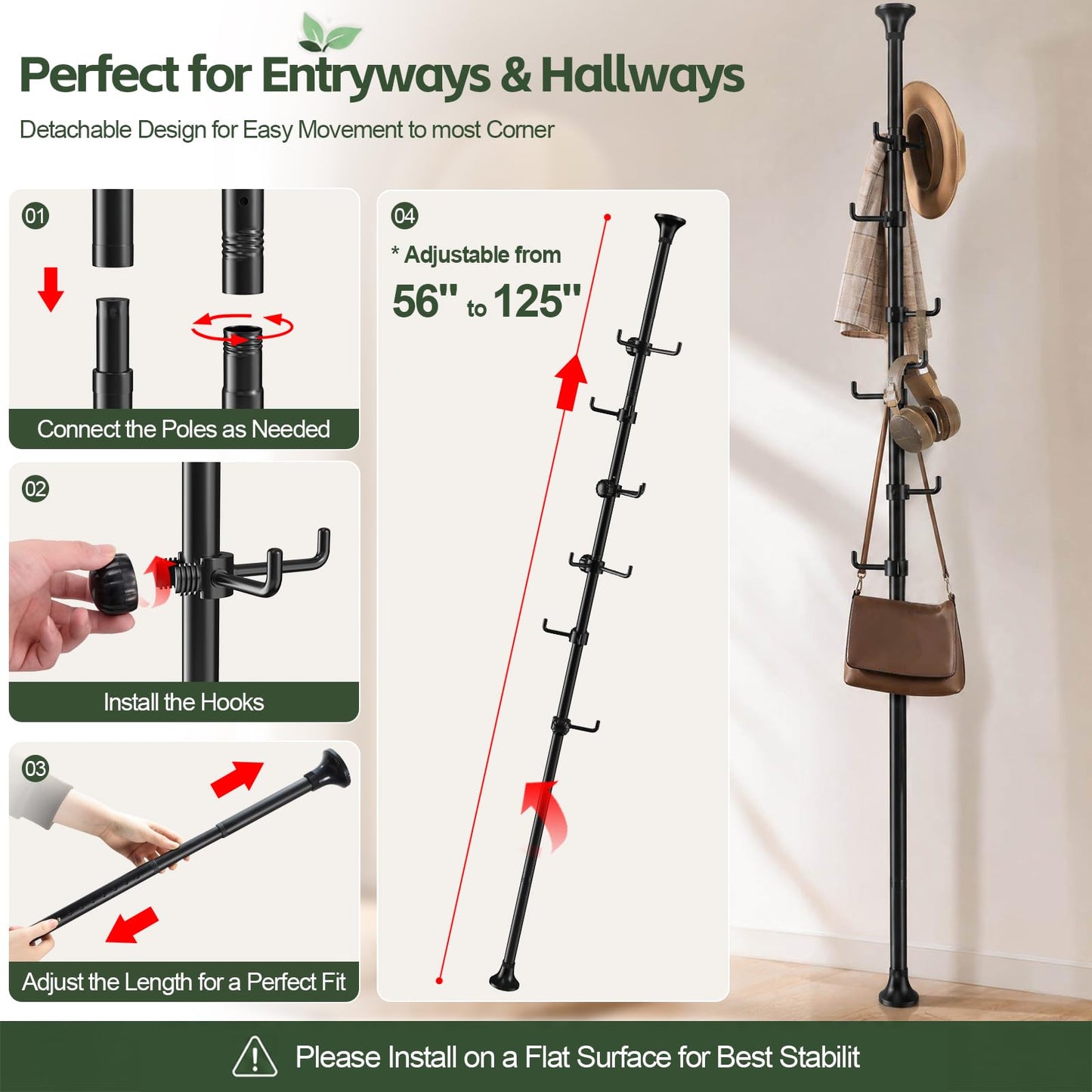 Sempicad Coat Rack Freestanding, 56 to 125 inch Adjustable Tension Rod Coat Hanger with 12 Hooks for Hanging Coat, Jacket, Hat, Scarf, Suitable for Living Room, Balcony, Kitchen BLACK