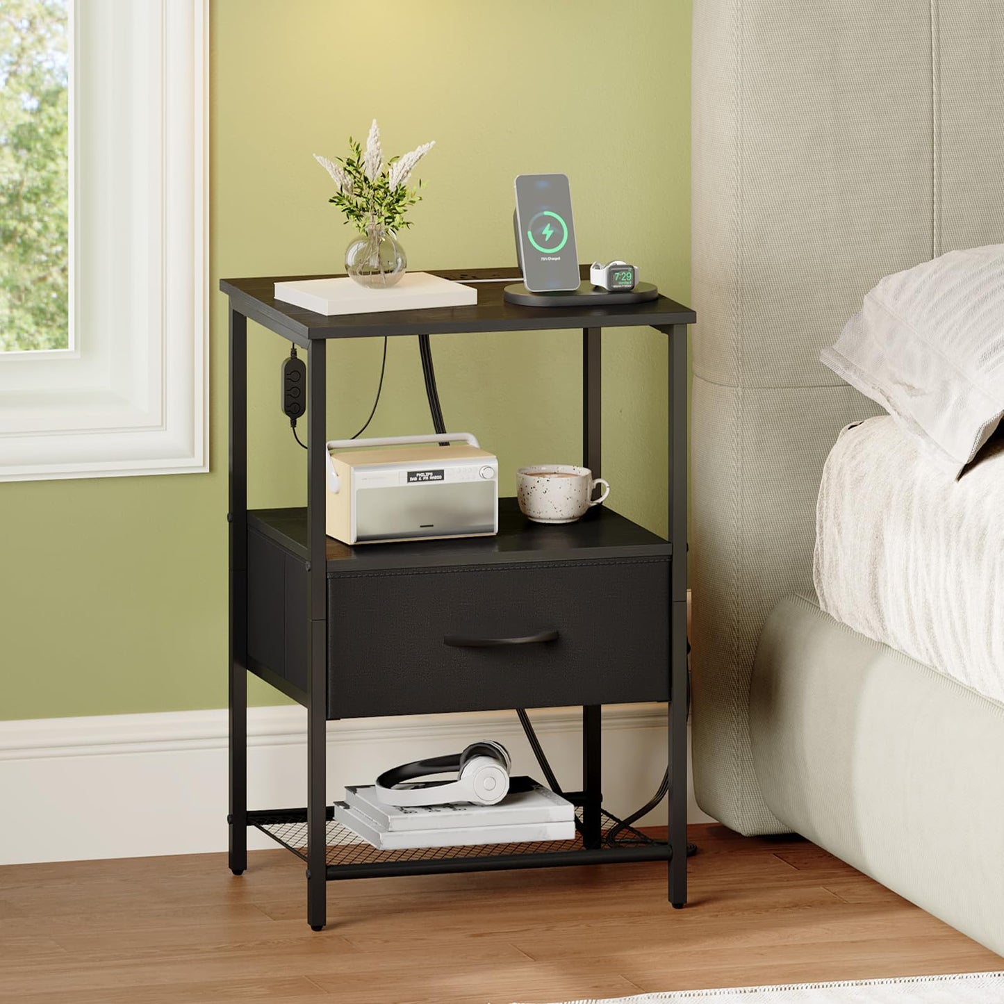 Somdot Nightstands with Charging Station, Bedside Table with LED Light for Bedroom, End Table with Drawer for Bedside, Closet Entryway Hallway, Black