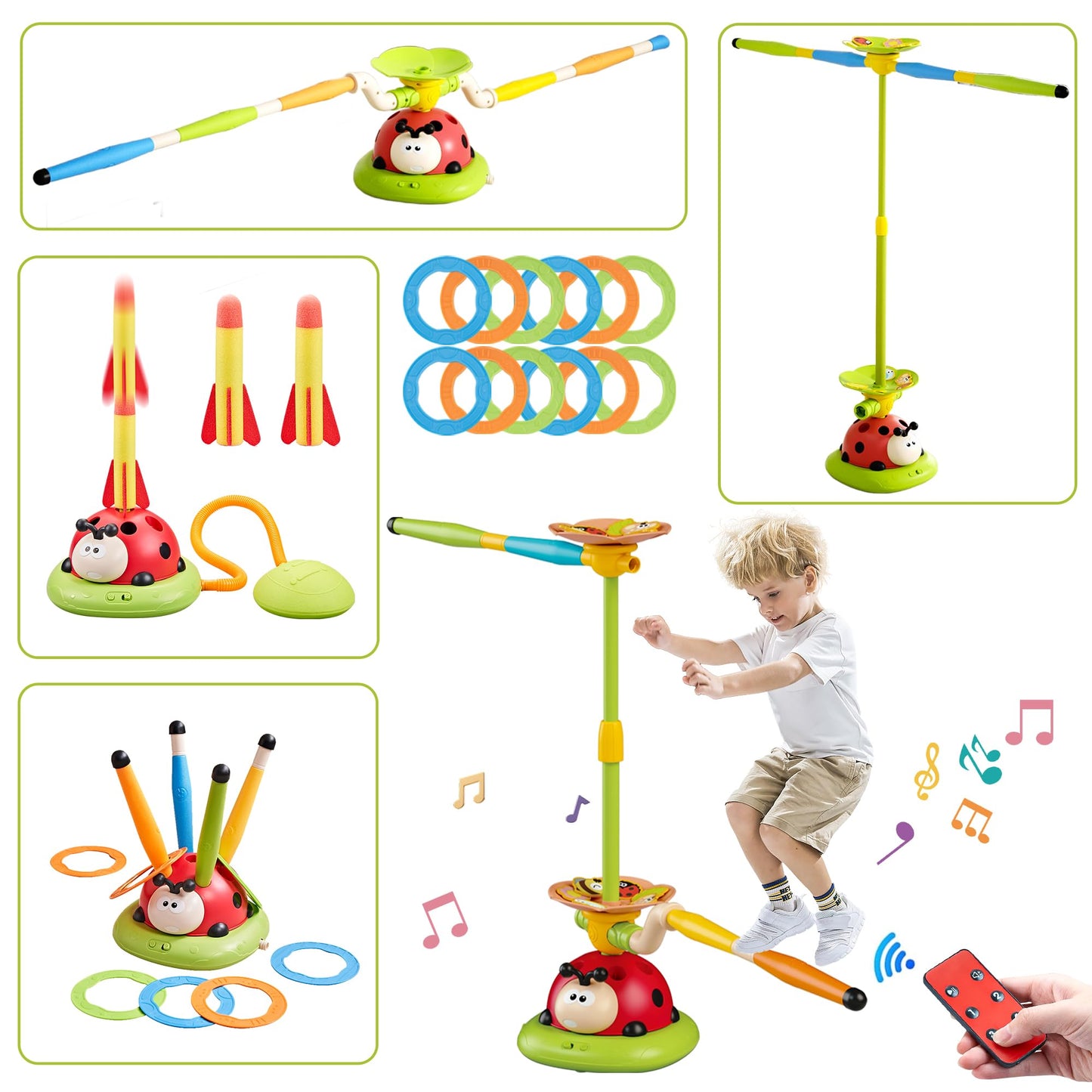 5 in 1 Multi-Functional Game Sports Machine, Kid Ladybug Fitness Machine Toy,Obstacle Course/Rocket Launch/Ring Toss/Musical Jump Toys with Remote Control, Outdoors Toys for 3-8 Years Boys Girls