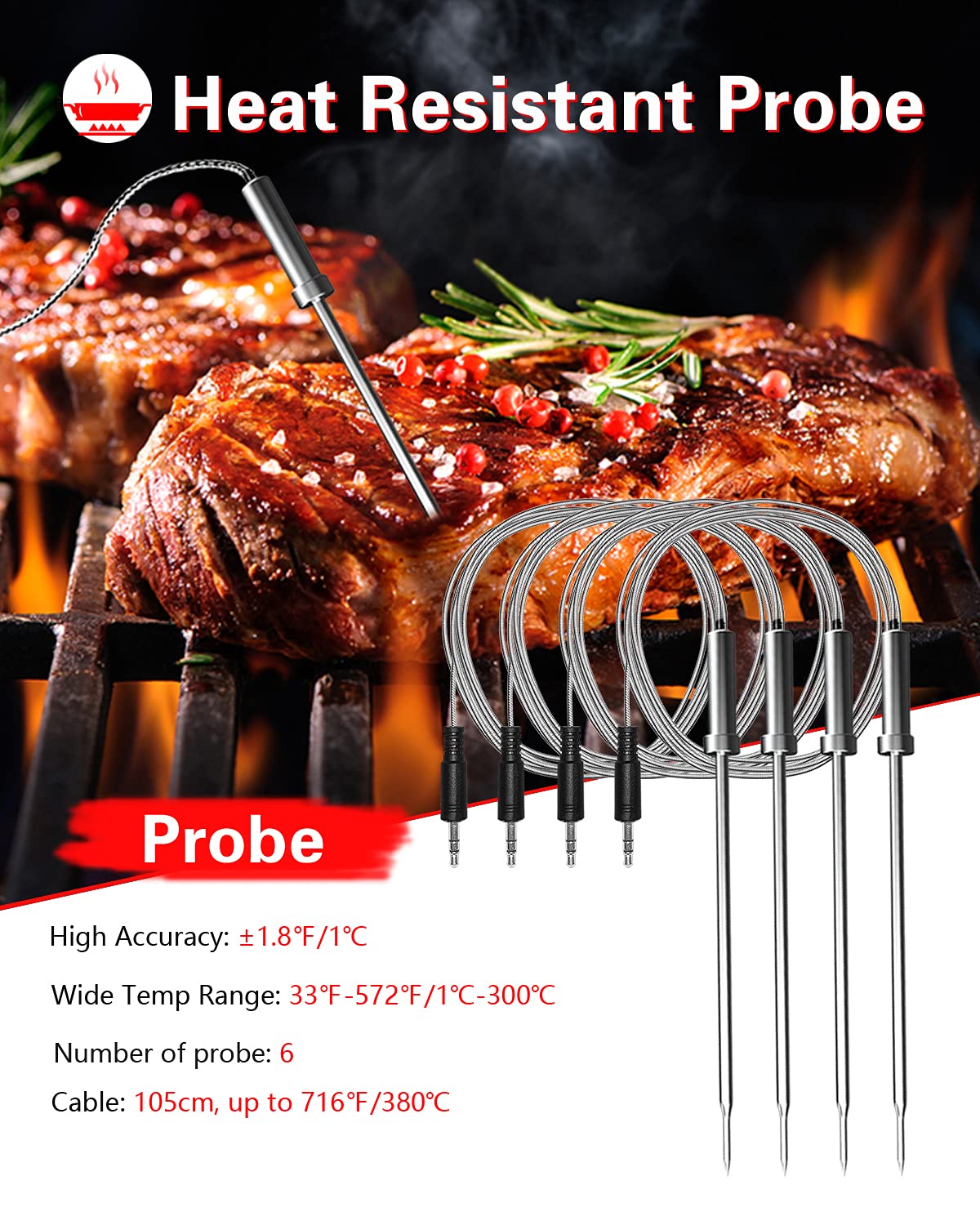 BFOUR Bluetooth Meat Thermometer Wireless Digital Grill Thermometer With 6 Temperature Probes, Large LCD Display for Smoker, Oven and BBQ