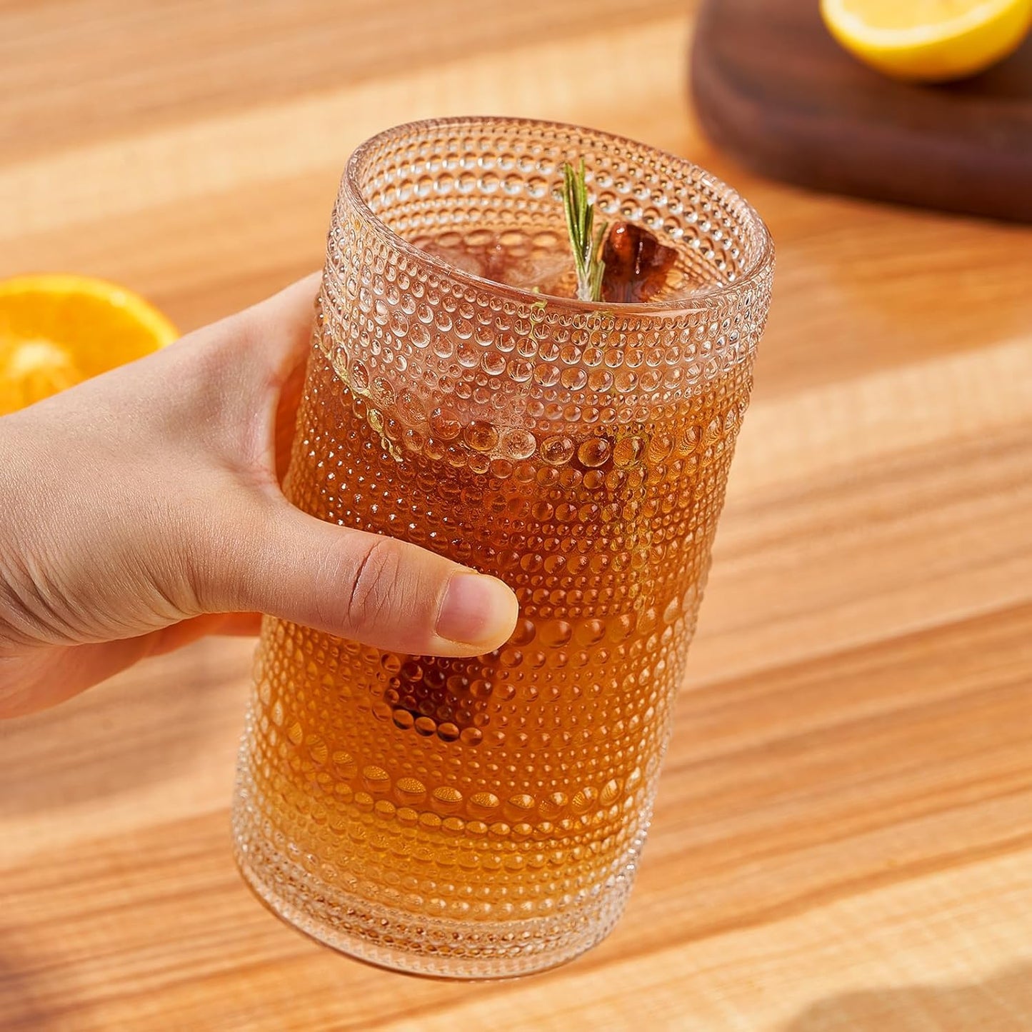 HEFBCOMK Vintage Hobnail Drinking Glasses Set of 6, 16 oz Large Capacity Embossed Clear Tumblers, Highball Glasses for Water, Cocktail, Beer, Whiskey, Juice and Various Mixed Drinks