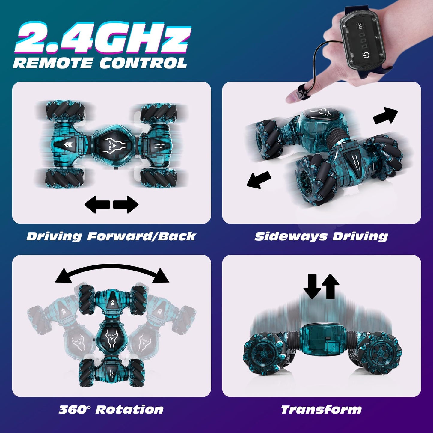 Tecnock Remote Control Car RC Cars for Boys Girls, 2.4GHz 4WD Gesture Sensing RC Stunt Car Toys - 360° Rotating Double Sided Hand Controlled RC Car with Lights, Gifts for Kids, Dark Green