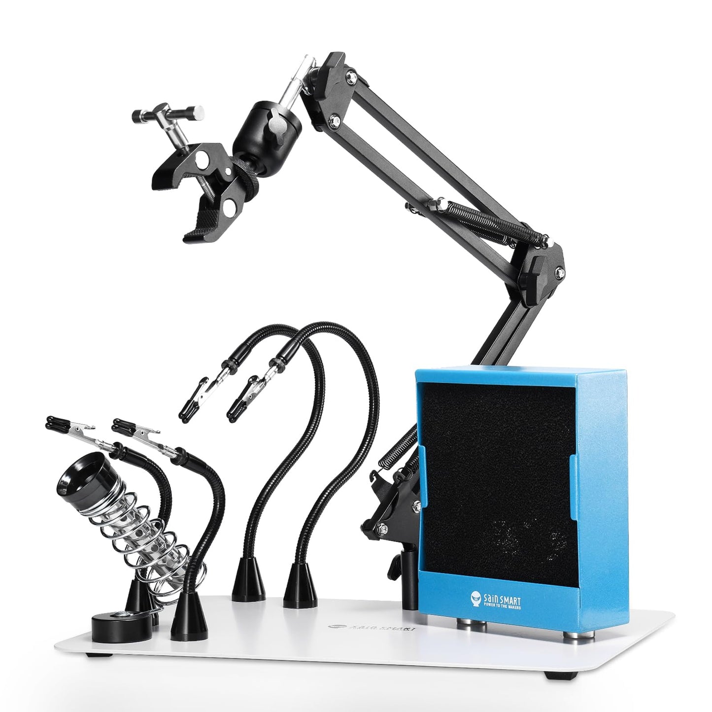SainSmart Magnetic Helping Hands Soldering & Solder Fume Extractor Combo, 2-in-1 Soldering Station with 360 Hot Air Gun Holder, Heavy Duty Base Plate, Flexible Arms, and Iron Stand, Third Hand Tool