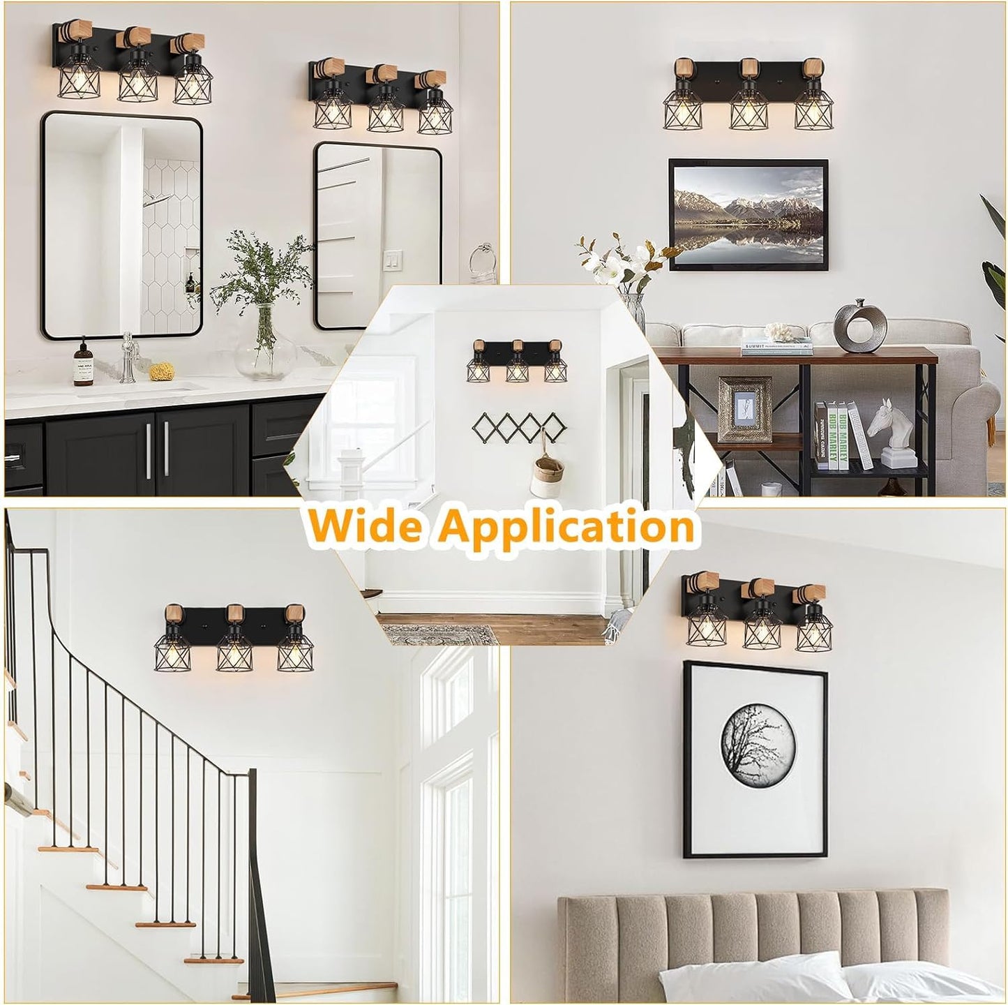 3-Light Wood Bathroom Vanity Light Fixtures Over Mirror,Wood Bathroom Vanity Lights for Bathroom, Industrial Black Vanity Light with Metal Lampshade for Bedroom Hallway Living Room