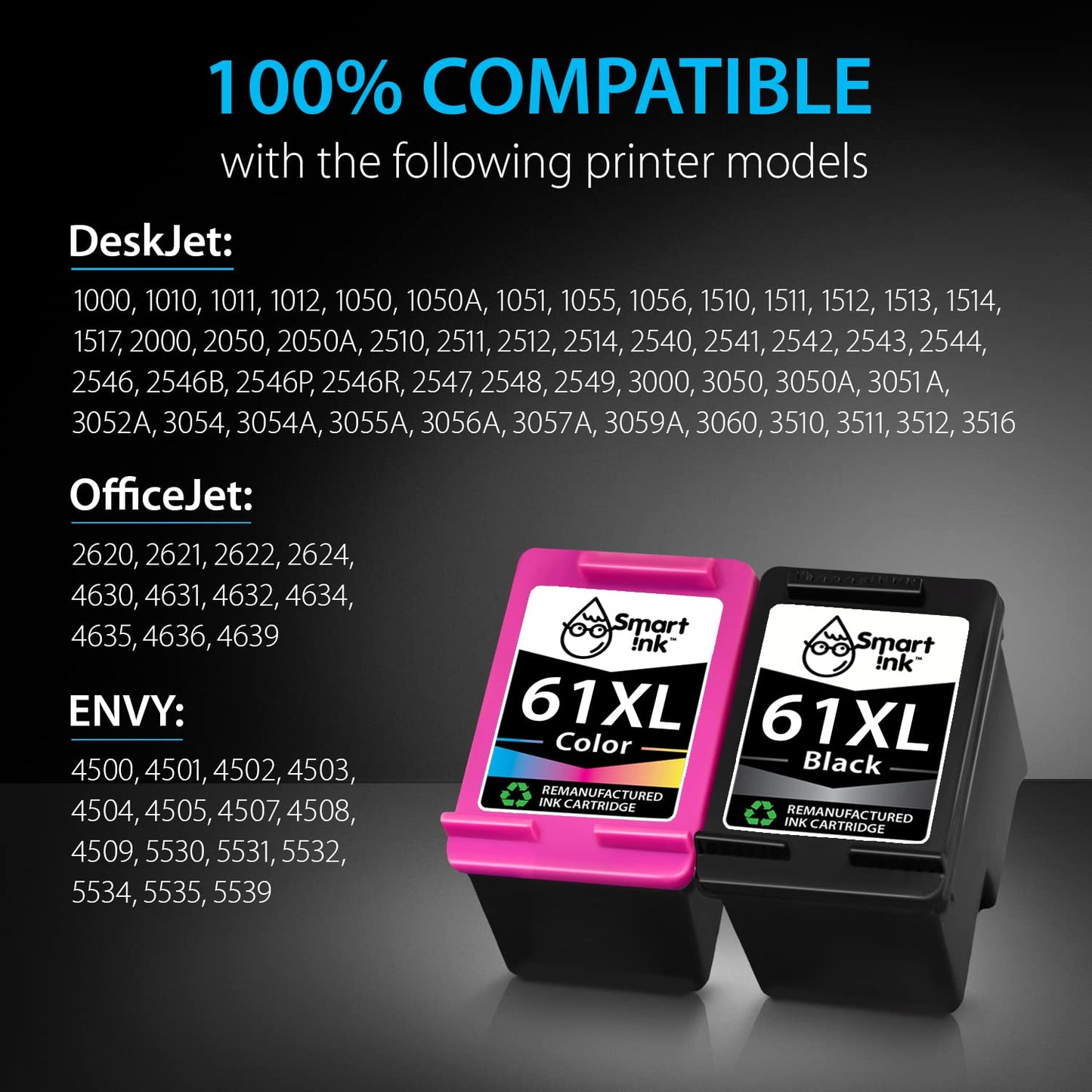 Smart Ink Remanufactured Ink Cartridge Replacement for HP 61XL 61 XL 2 Combo Pack to use with HP Envy 4500 5530 Deskjet 1000 1050 1512 1513 2540 2542 2549 3510 3050 3050A 4630 5530 (Black & Color)