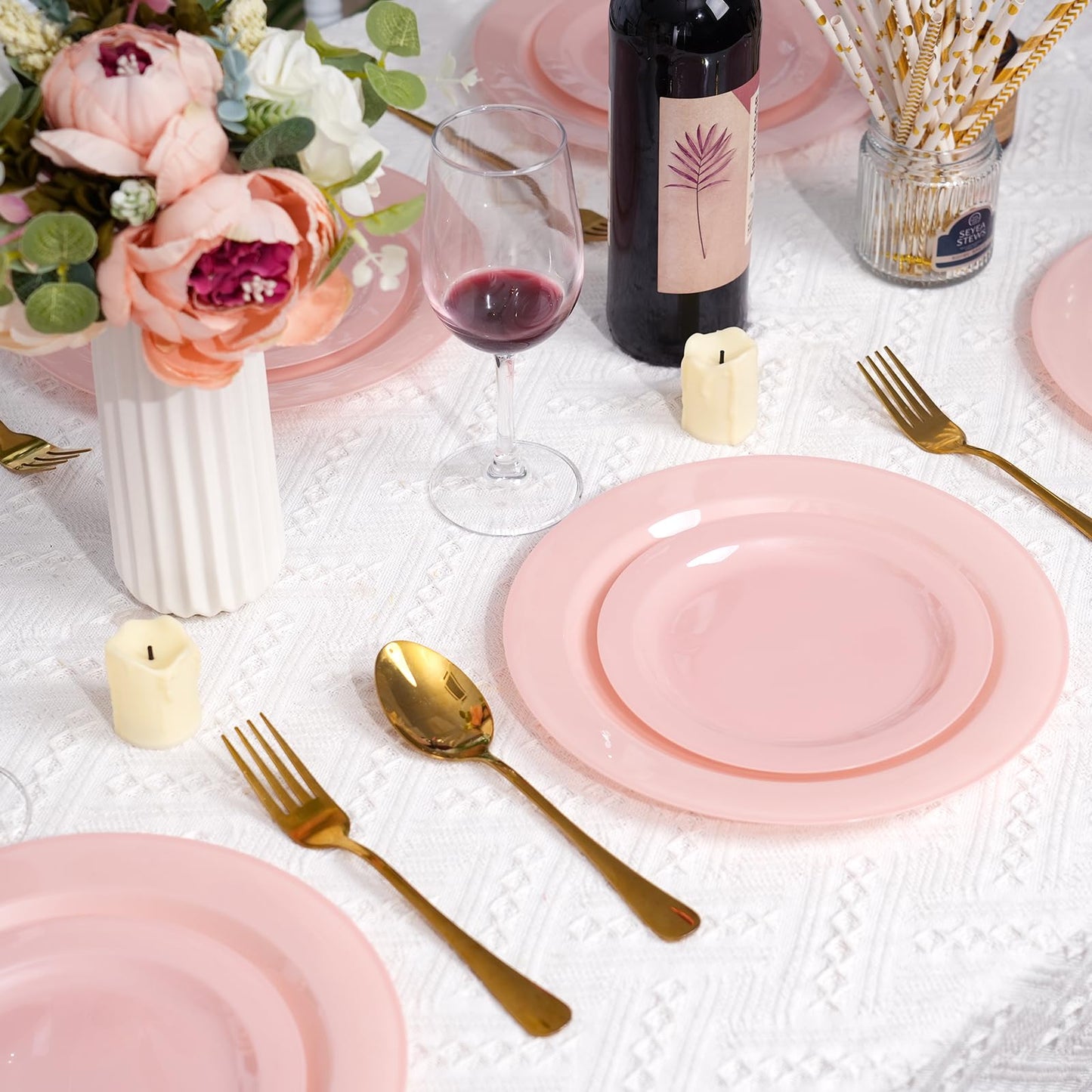 Moretoes 100PCS Pink Plastic Plates Disposable 10inch Dinner Plates and 7inch Dessert Salad Plates Heavy Duty Plates for Wedding Party and Birthday