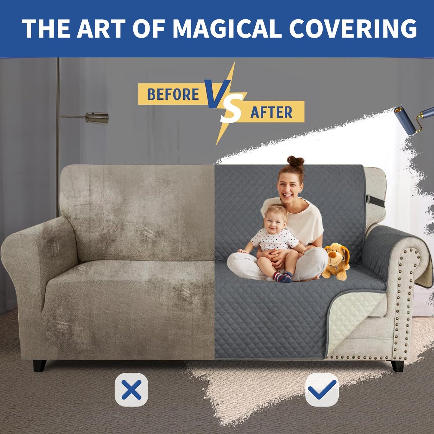 XINEAGE Couch Covers for 3 Cushion with Pockets and Non Slip Straps Water Resistant Sofa Slipcovers for Living Room Soft Thick Furniture Protector for Pets Dogs Kids (Large, Dark Gray)