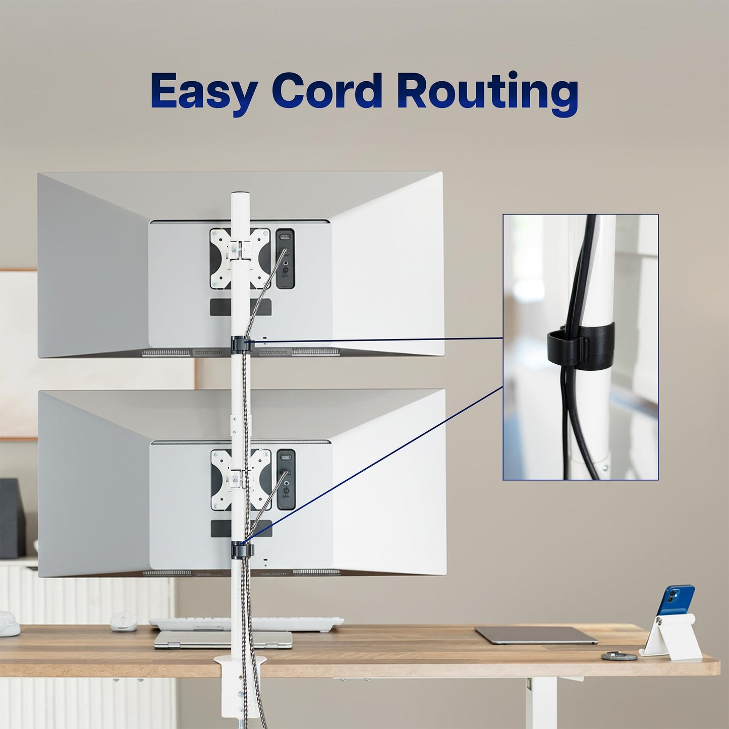 White Dual LCD Monitor Desk Mount Stand, Stacked Vertical 2 Screens up to 34"