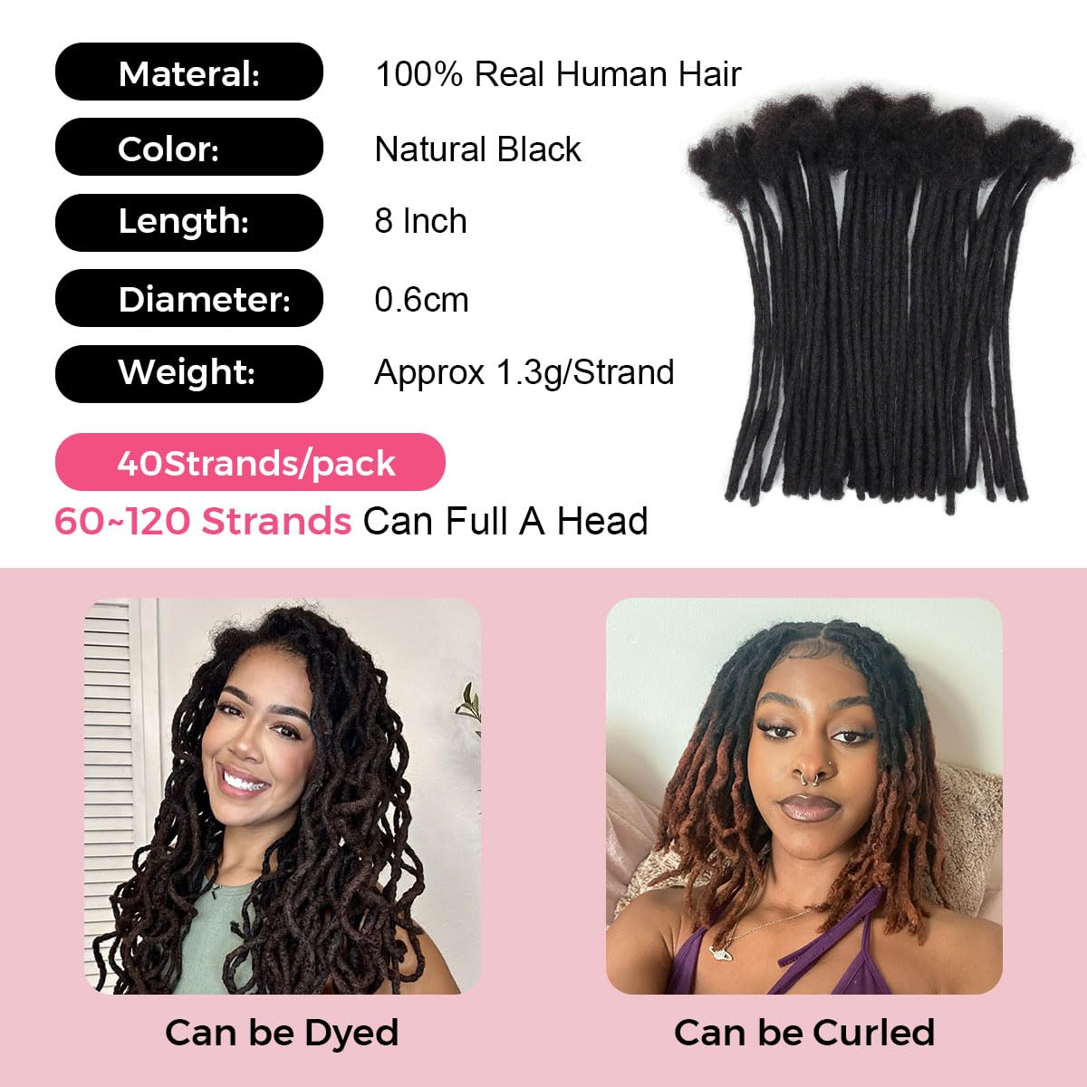 Lounoke 8 Inch 40 Strands Loc Extensions Human Hair, 0.6cm Pencle Size Dreadlock Extensions Human Hair for Women Men Full Handmade Permanent Dreads Locs(Natural Black)