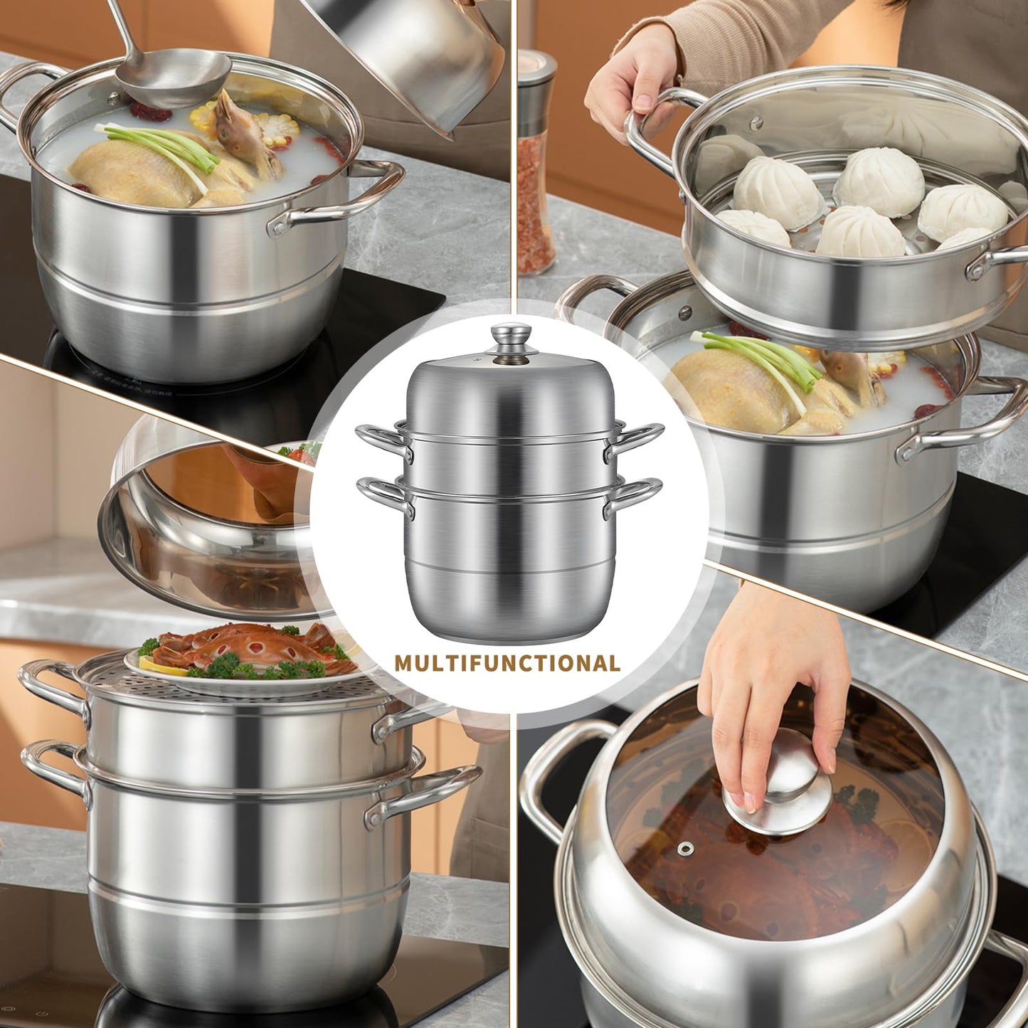 3-Tier Steamer Dia 30cm/11.81" Stainless Steel Boiler Pot with Tempered Glass Lid Steamer Pot with Handles on Both Sides Work with Gas, Electric, Grill Stove Top