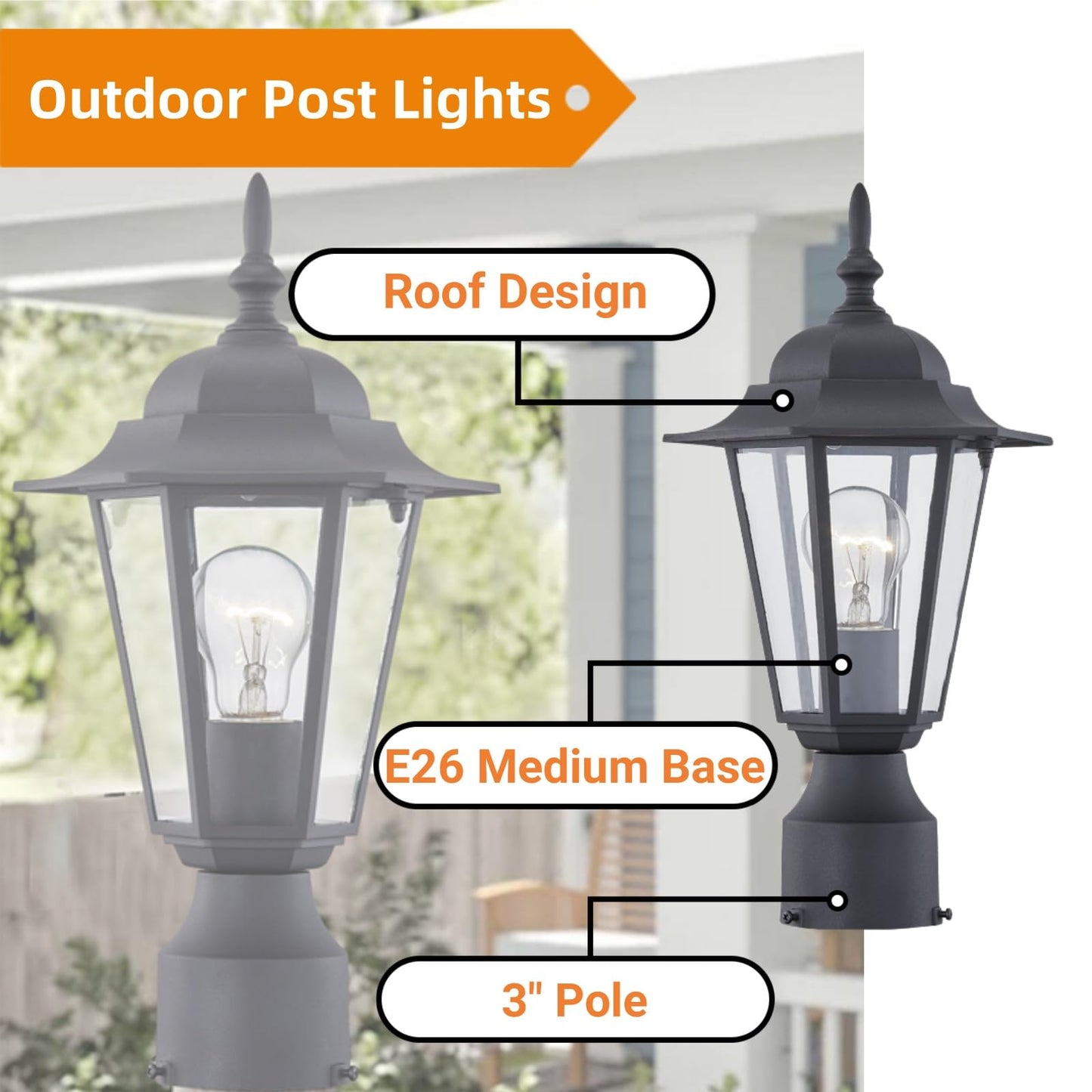 Outdoor Post Light, Pole Lantern, E26 Base 60W Max, Aluminum Housing Plus Glass, Wet Location Rated, ETL Qualified, Bulbs not Included, Black