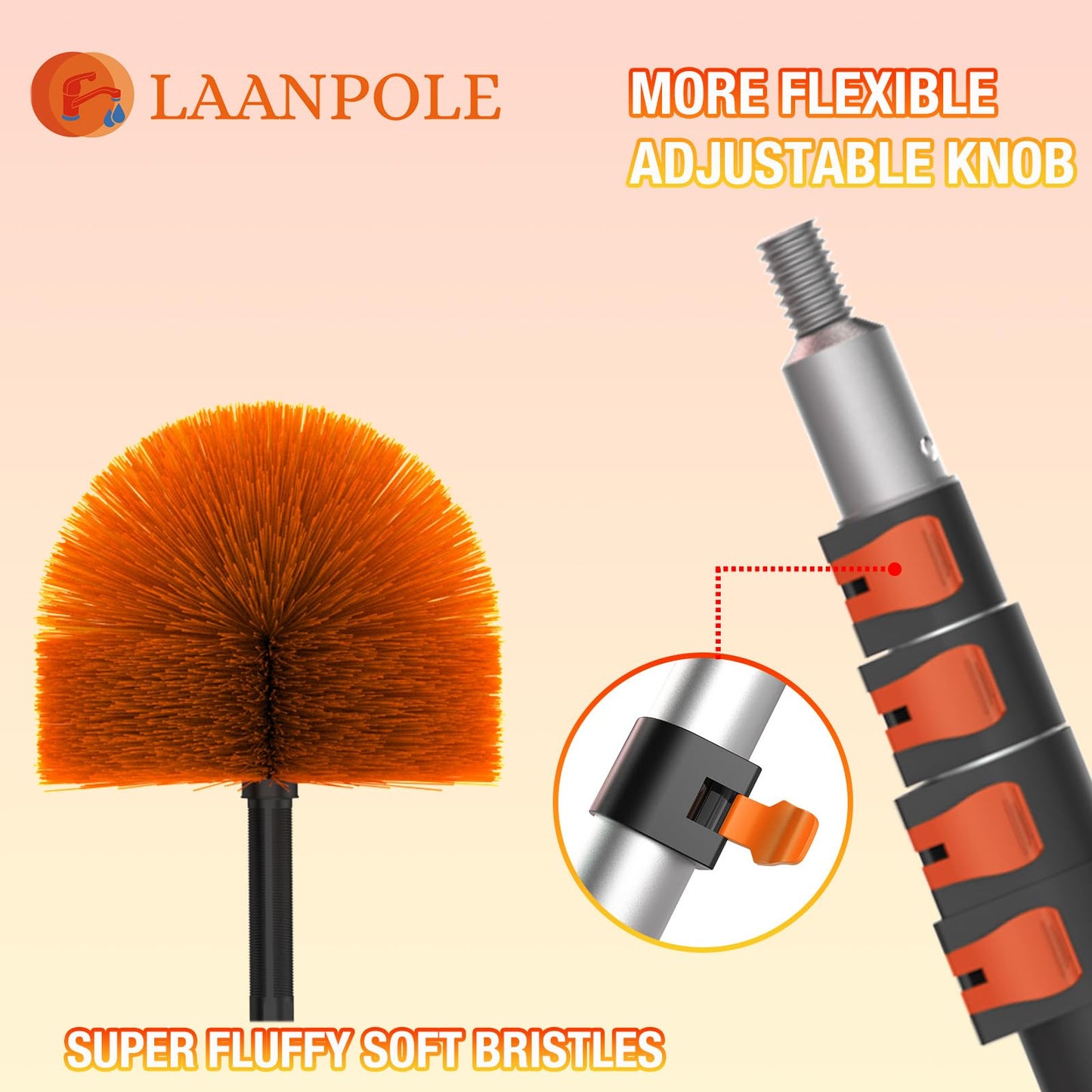 LAANPOLE 20FT (26FT Reach) Cobweb Duster with Extension Pole, Spider Web Brush for Cleaning Extendable, Professional Ceiling and Corner Dusters for Outdoor Indoor Use