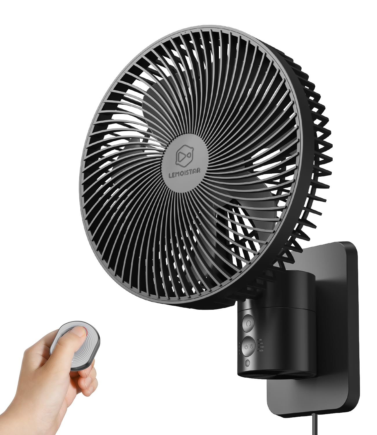 LEMOISTAR 8 Inch Small Wall Mounted RV Fan with Remote Control, 90° Oscillating, 4 Speeds, 4 Timer, Adjustable Tilt, 70 Inch Cord, Quiet, for Corner Bedroom Home Office Garage-Black
