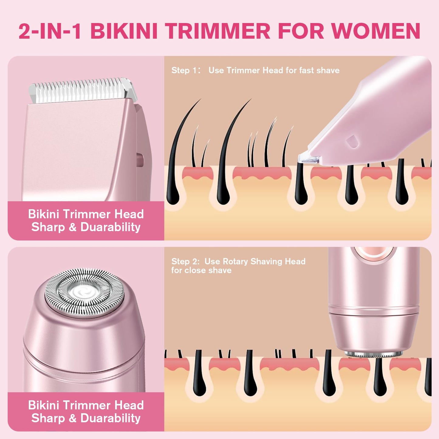 Bikini Trimmer for Women, Cordless Electric Shaver Razors with Ceramic Blade Heads, Rechargeable Pubic Hair Trimmer with IPX7 Waterproof for Underarm Leg Face Arm Pubic Area, Wet/Dry Use(Rose Gold)