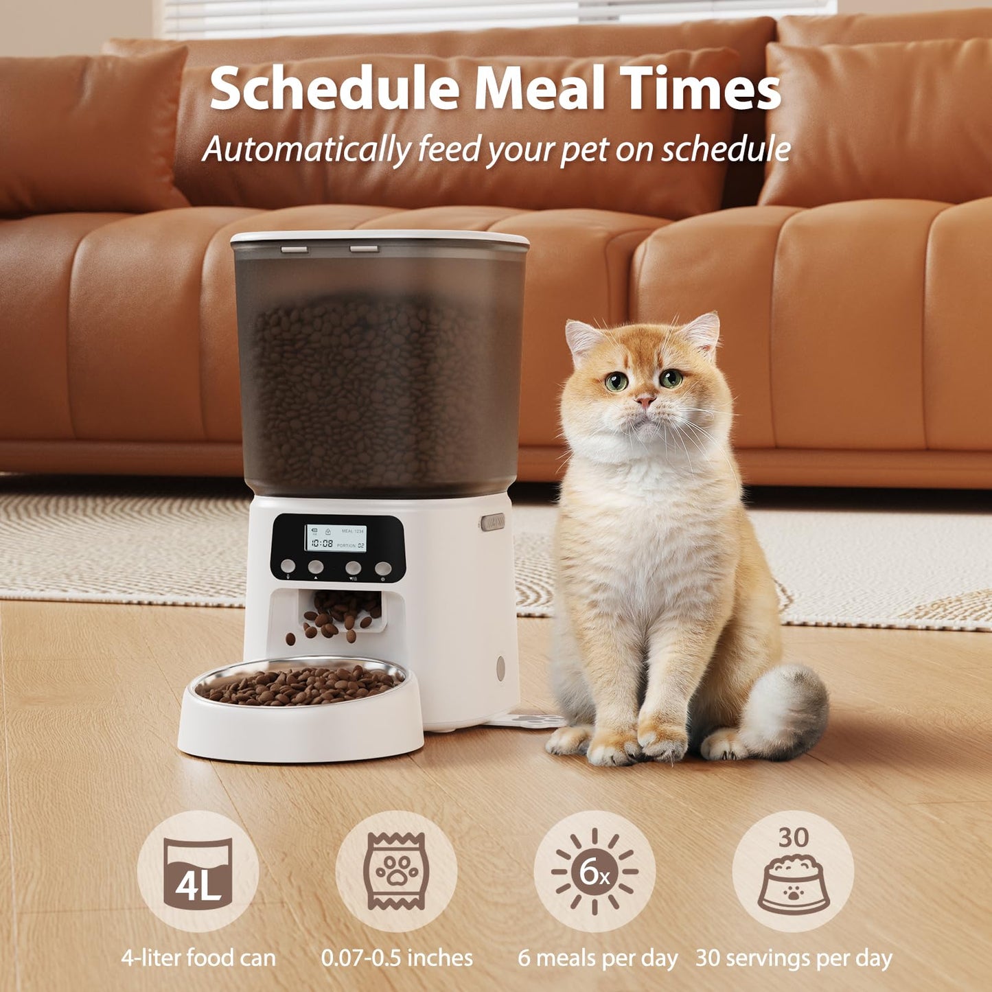 Automatic Cat Feeder, 4L Timed Cat Dry Food Dispenser, Pet Feeder up to 6 Meals and 30 Portions per Day, 10S Voice Record, Dual Power Supply, Non-Slip Base, Auto Pet Feeder for Cats and Small Dogs