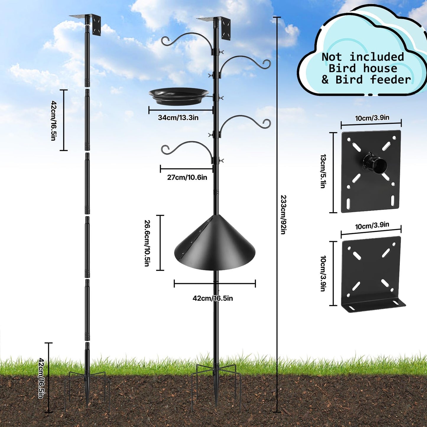 92 Inch Bird Feeder Pole Smart Bird Feeder Station Pole Heavy Duty with Squirrel Baffle for Outdoor Hanging Wild Birds Feeding Station for Backyard Garden Decoration (Black)